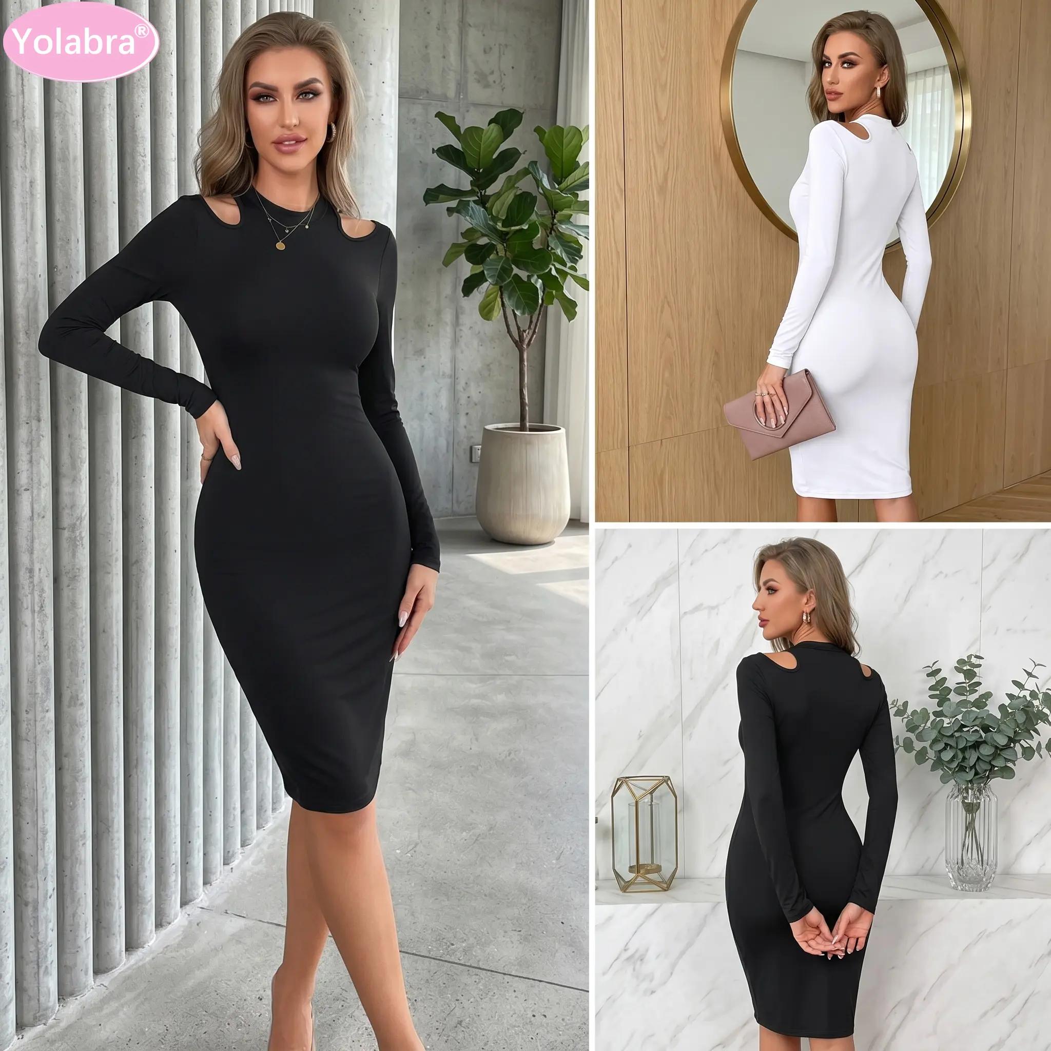 Yolabra High Stretch Ruched Waist Slim Fit Midi Party Dress Solid Minimalist Shoulder Cut Tight Pencil Dress Soft Polyester Spandex Figure Hugging Midi Gown Side Ruched Curve Accent Long Sleeve Casual Dress