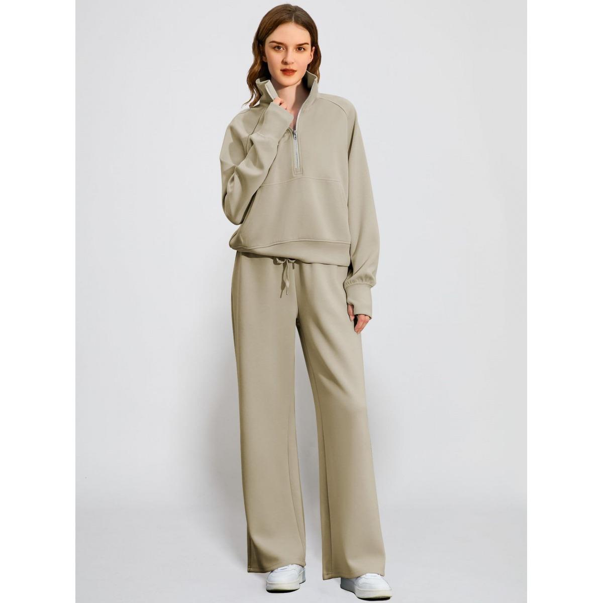 2026 # sweatsuits Women's Long Sleeve High Neck Sweatshirt Two-piece Set Light Gray Ribbed Crop Tank & Shorts Fitted Minimalist Casual Clothes Suits comfortable pant long sleeve zipper jacket Womenswear Gamis Basic