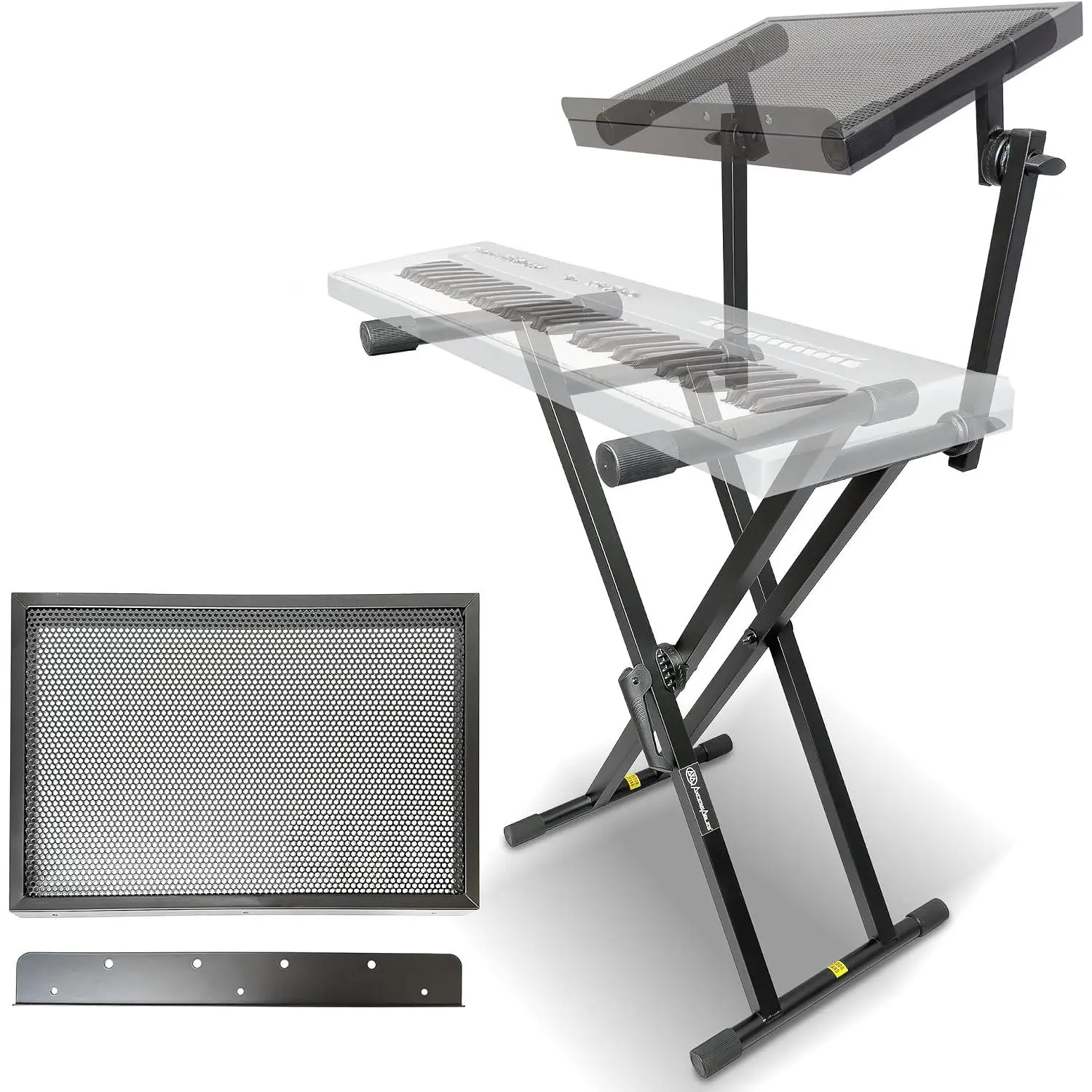 Piano Keyboard Stand with 2nd Tier – X Style Adjustable and Portable Heavy Duty 2 Tier Stand for Synths, Laptops, Tablet, Sheet  and Digital Keyboards – Fits 54, 61, 64, 88 Key Pianos. Electric Piano and Sheet  Stand