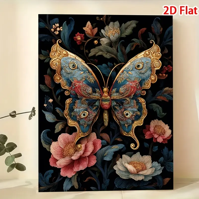 1pc Regal Butterfly Wall Art Framed Canvas - Blue Golden Red Wings & Lush Flowers Poster, Contemporary Wood Frame Hanging Decor Suitable for, Bedroom, Dining Room - Elegant Butterfly Wings, Ideal Gift for Home Decor, 2D Flat, Perfect for Room Decor