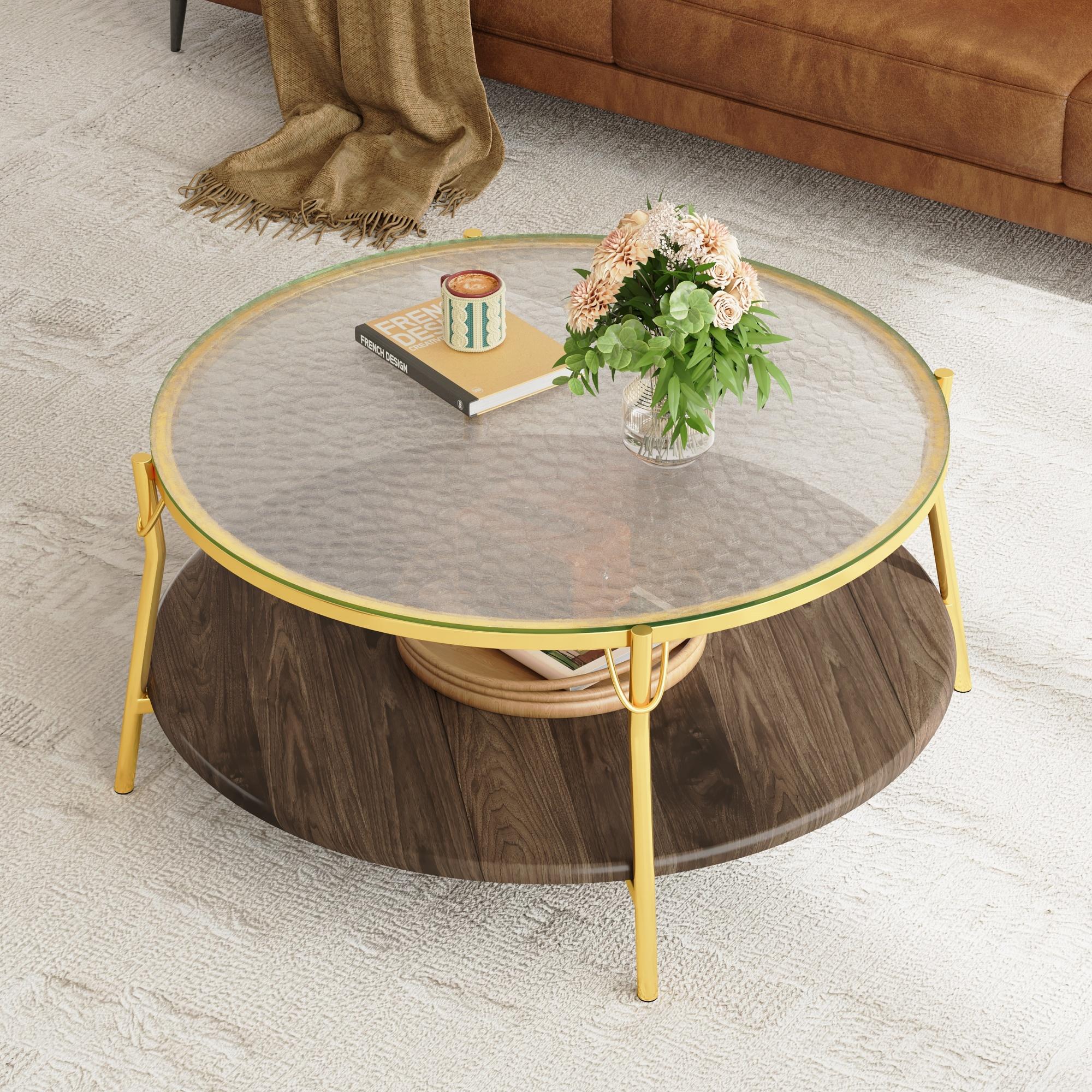 Modern Round Walnut 2-Tiered Coffee Table with Glass Top and Gold Base for Living Room, 29.9"