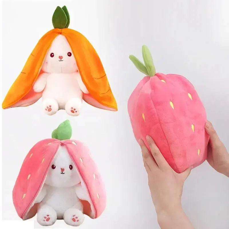 25cm Cute Cartoon Soft Plush Bunny Doll - Fruit-Transforming Strawberry Carrot Rabbit Stuffed Toy, Bunny Shapes Cuddly Toy for Kids' Birthday Gifts