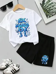 Summer Casual Children's Outfit - Personalized Lightning Building Robot Six Seven Letter Blue Battle Armor Number 67 Cartoon Print Short-Sleeved Shorts For Sports Style Two-Piece Set Comfortable Daily Use Outdoor Versatile#Party#Gift#Must-Have For School