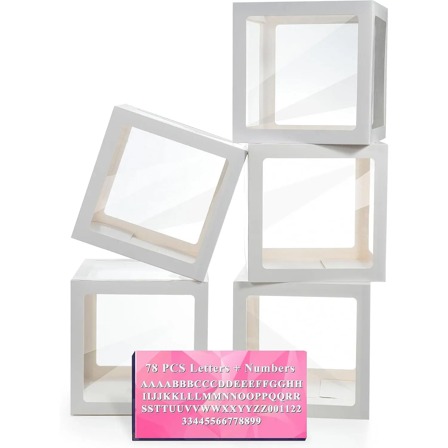 Boxes with Letters, 5 Transparent  Shower Balloon Boxes with 78 Letters & Numbers for  Decorations Birthday Wedding Party Grad Backdrop Bridal Shower, White