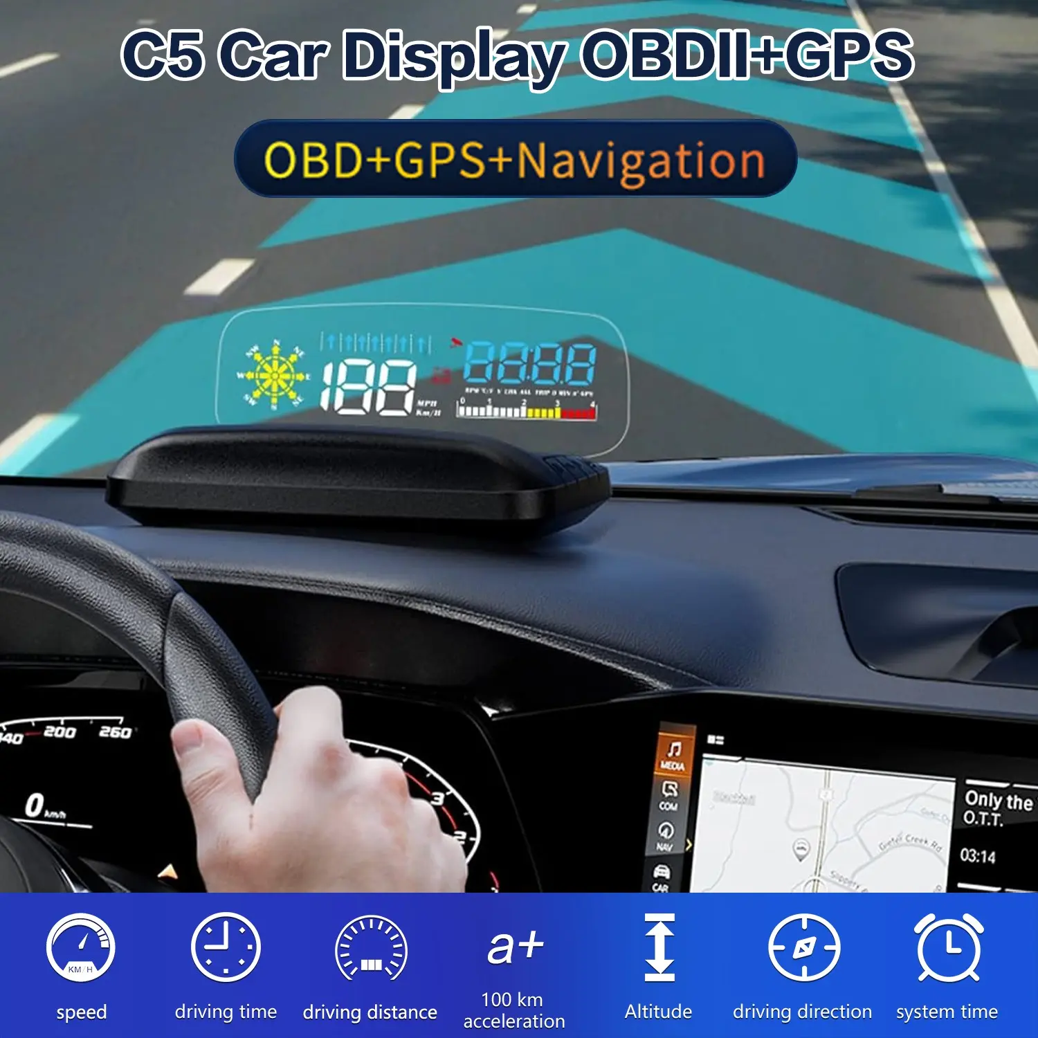 C5 Car Hud Display, Obd2+GPS Rearview Mirror, LED Navigation Speed Projector, Shows Speed, Fuel Consumption, Error Codes, Safe and Easy to Use