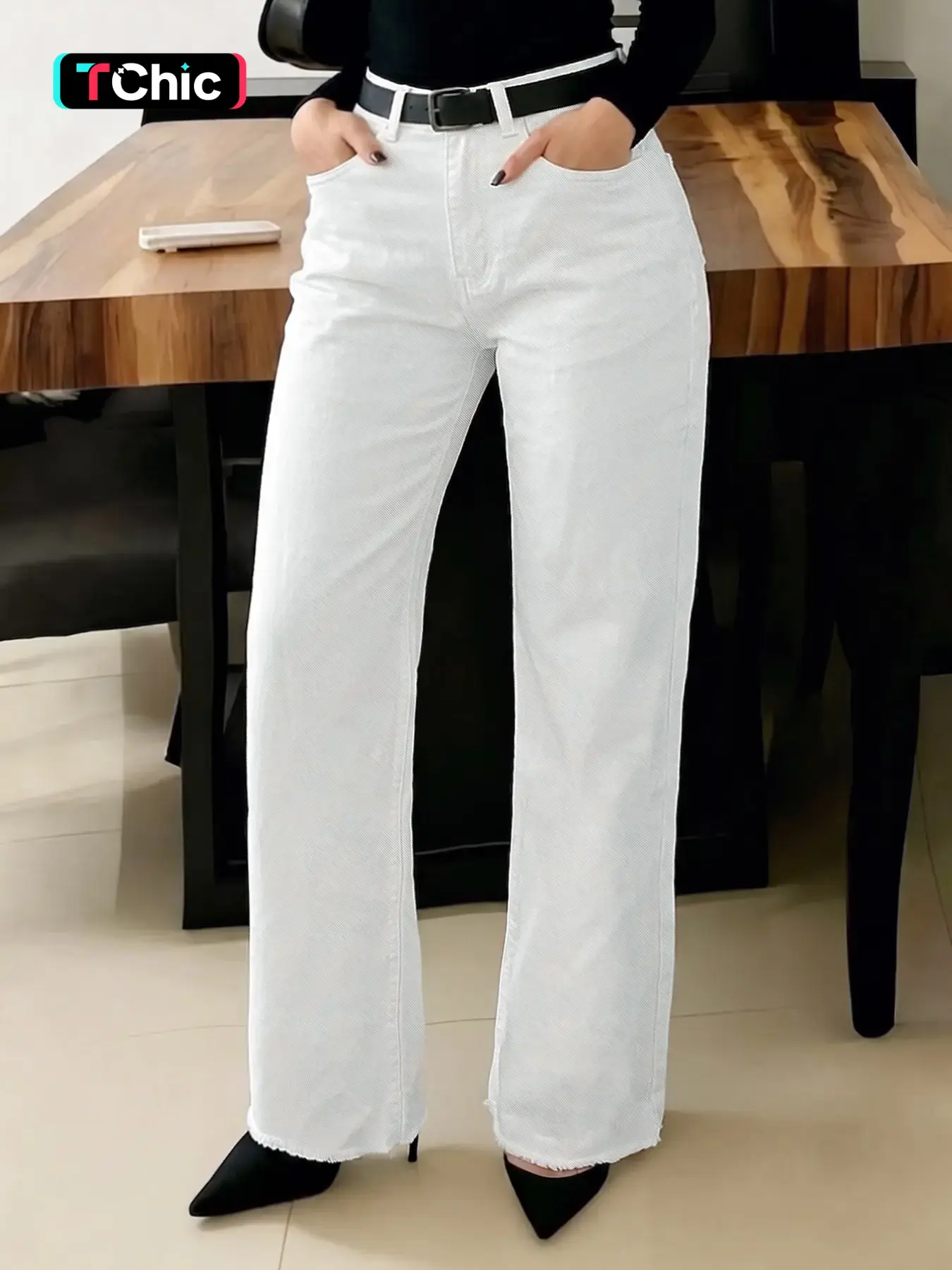 Women's High Waist Raw Frayed Hem Wide Leg Denim Jeans, Everyday 90s Vintage Streetwear, Campus Ootd, Brunch, Office, Weekend, Pants