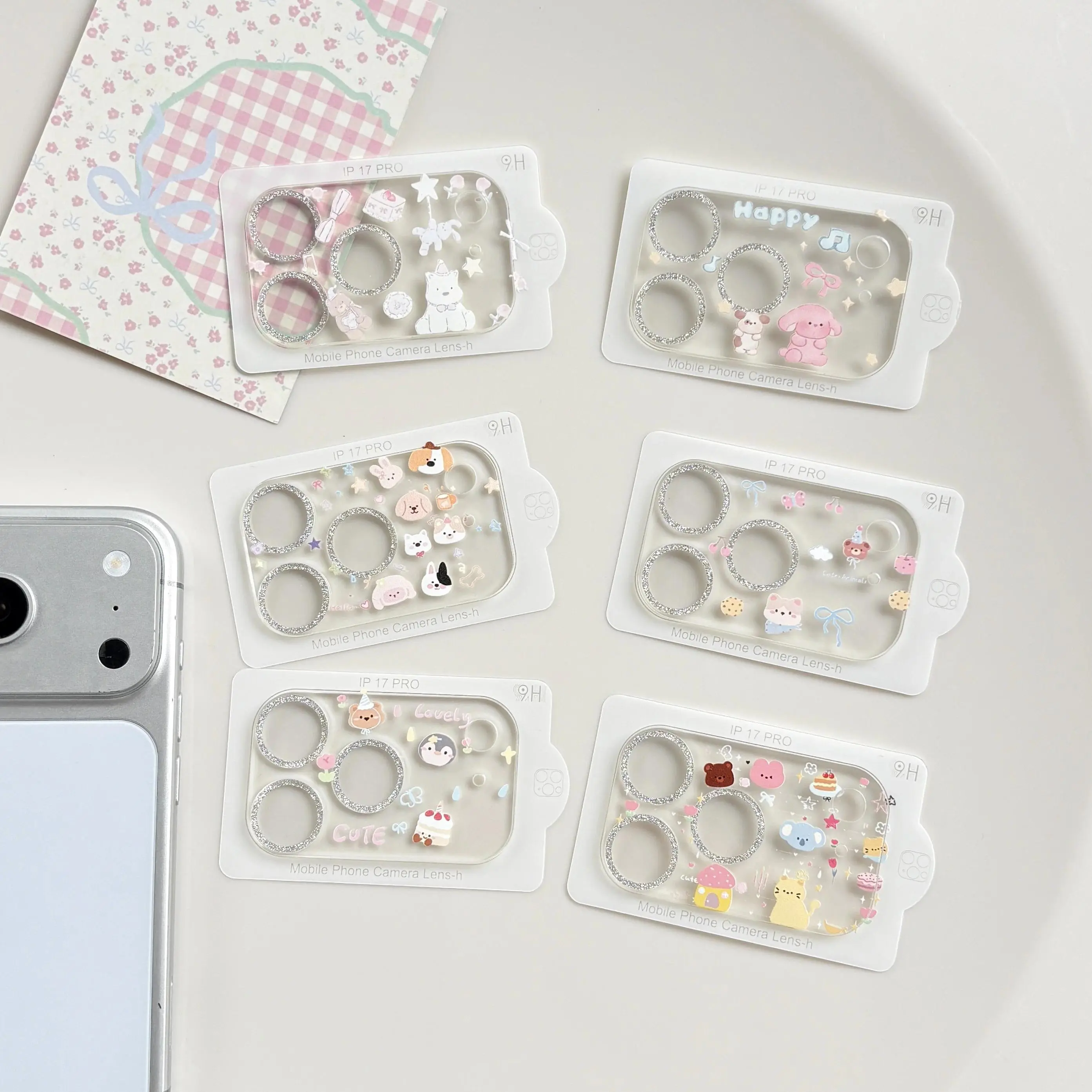 Cartoon Cute Animal Pattern Series with Rhinestone Transparent Lens Cover for iPhone 17 Pro 17 Pro Max Phone Camera Protectors
