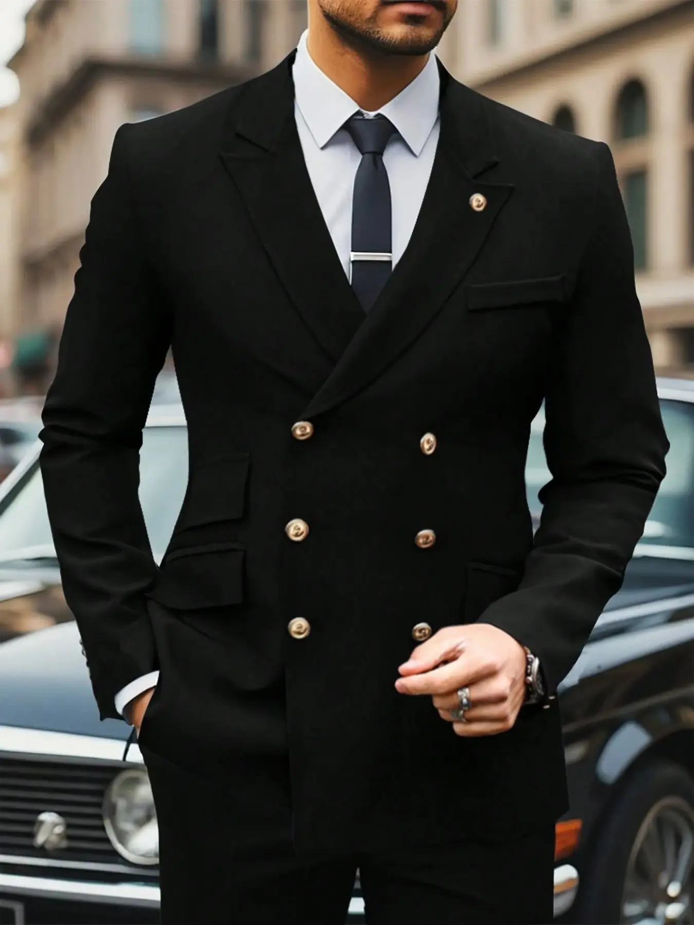 Men's Fashion Vintage Gentlemen Double-Breasted Suit Jacket, Buttons, Slim Fit, Tailored Cut, Business Casual Outerwear