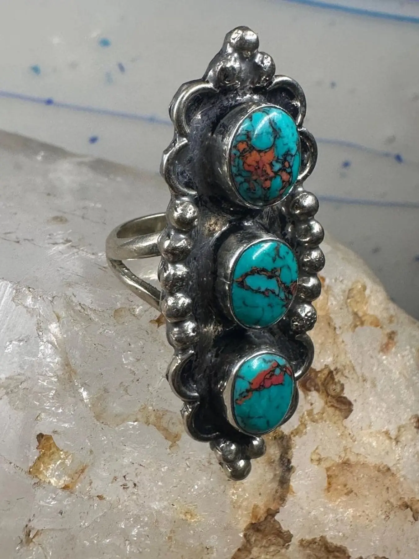 Bohemian Ethnic Style Imitation Turquoise Statement Fashion Ring for Women, Vintage Distressed Casual Party Vacation Versatile Ring