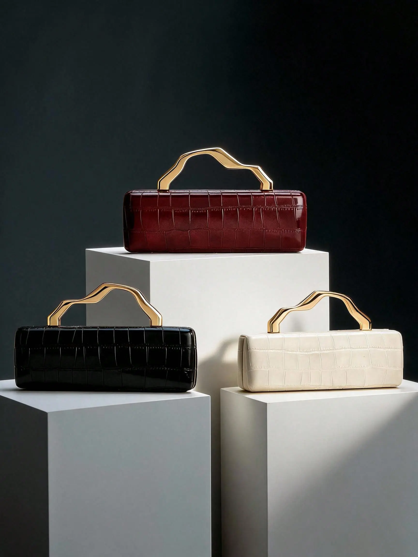 Crocodile Pattern PU Leather Long Clutch, Glossy Hard Case Handbag, Geometric Handle, Elegant Evening Purse for Weddings & Parties