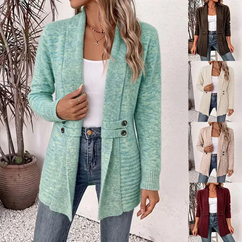 Beautiful ladies' spring and autumn casual double breasted decorative cardigan with shawl and waist cinching design, lazy and versatile mid length knitted cardigan, elegant and fashionable loose jacket, perfect for daily commuting or casual wear