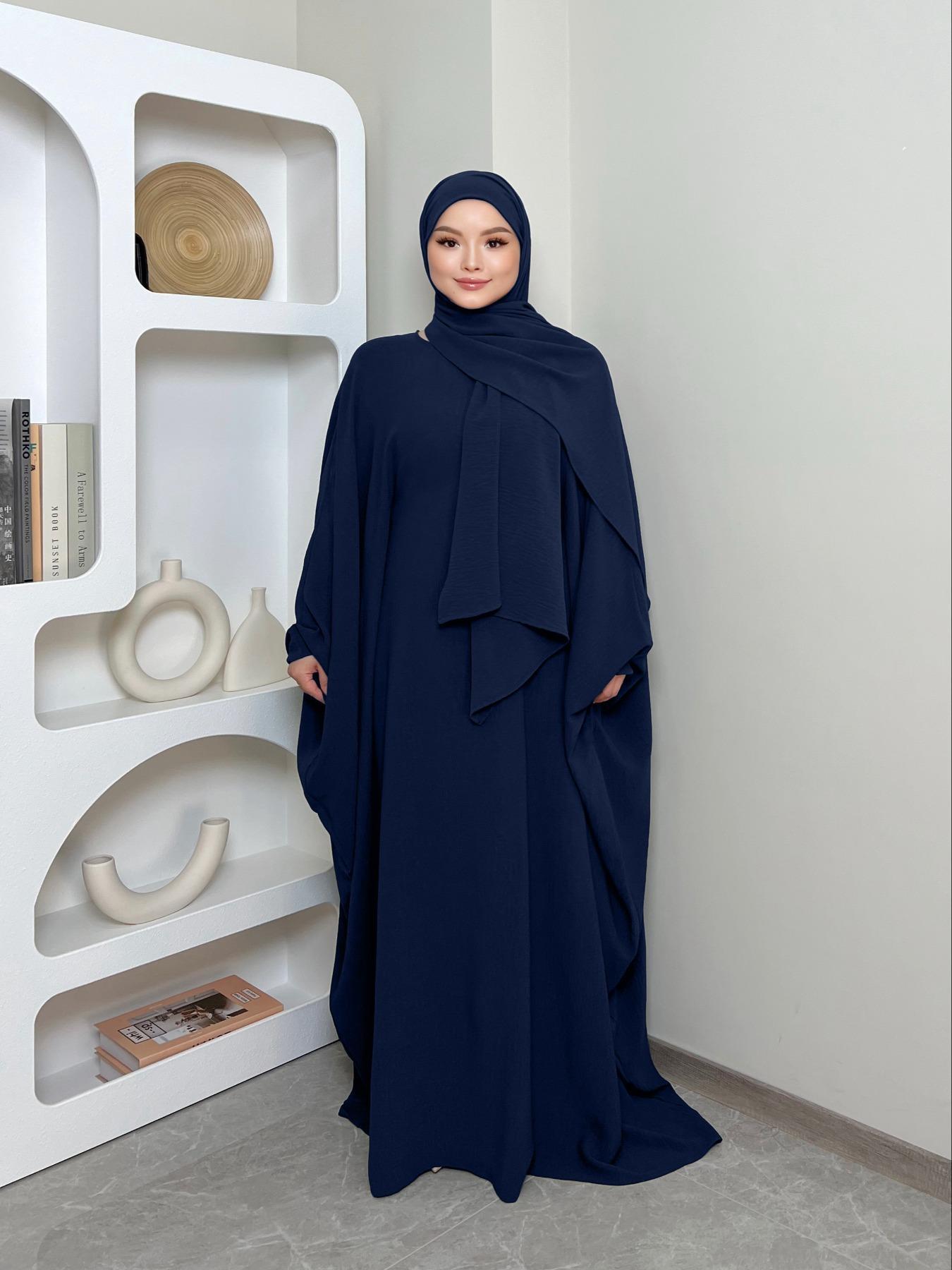 Women's Solid Color Zipper Front Batwing Sleeve Abaya & Hijab Two-Piece Set, Modest Long Sleeve Round Neck Maxi Abaya & Hijab, Women's Islamic Clothing for All Seasons, Abaya Dress Set