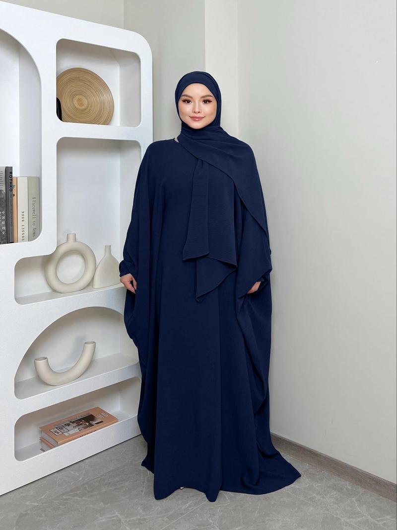 Women's Solid Color Zipper Front Batwing Sleeve Abaya & Hijab Two-Piece Set, Modest Long Sleeve Round Neck Maxi Abaya & Hijab, Women's Islamic Clothing for All Seasons, Abaya Dress Set