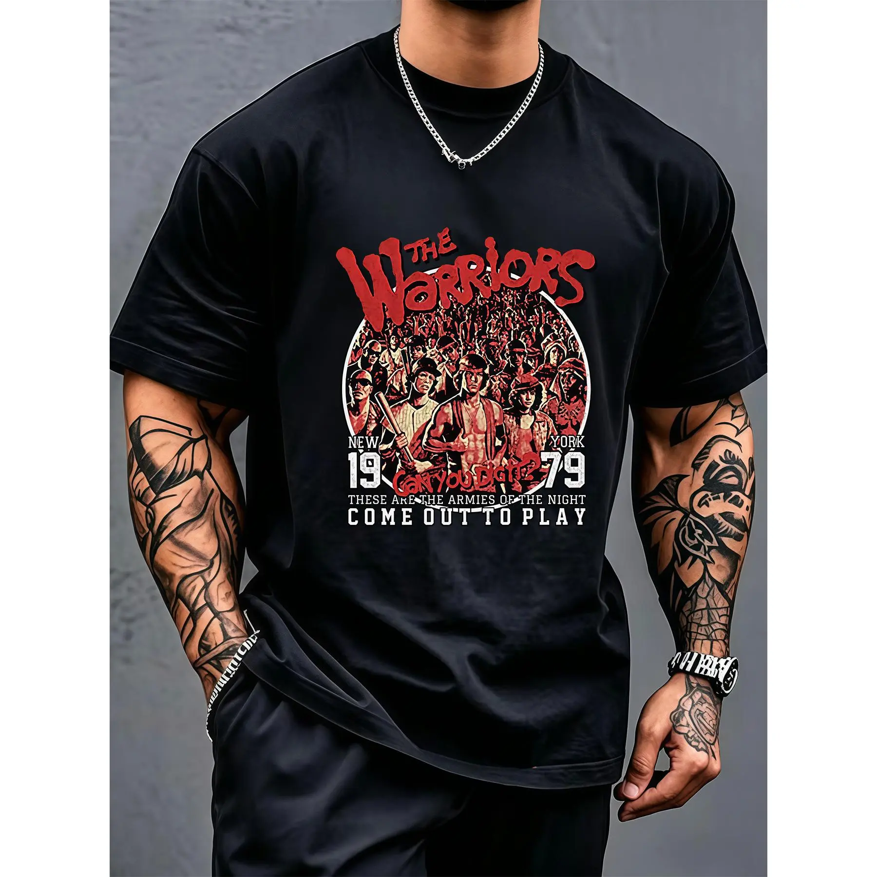 Men's The Warriors T-Shirt in Knit Fabric, Vintage 1979 Movie Graphic Print, Casual Retro Streetwear Short-Sleeve Crew Neck Top, Retro Style, Regular, Round Neck, Cute, Chic, Korean