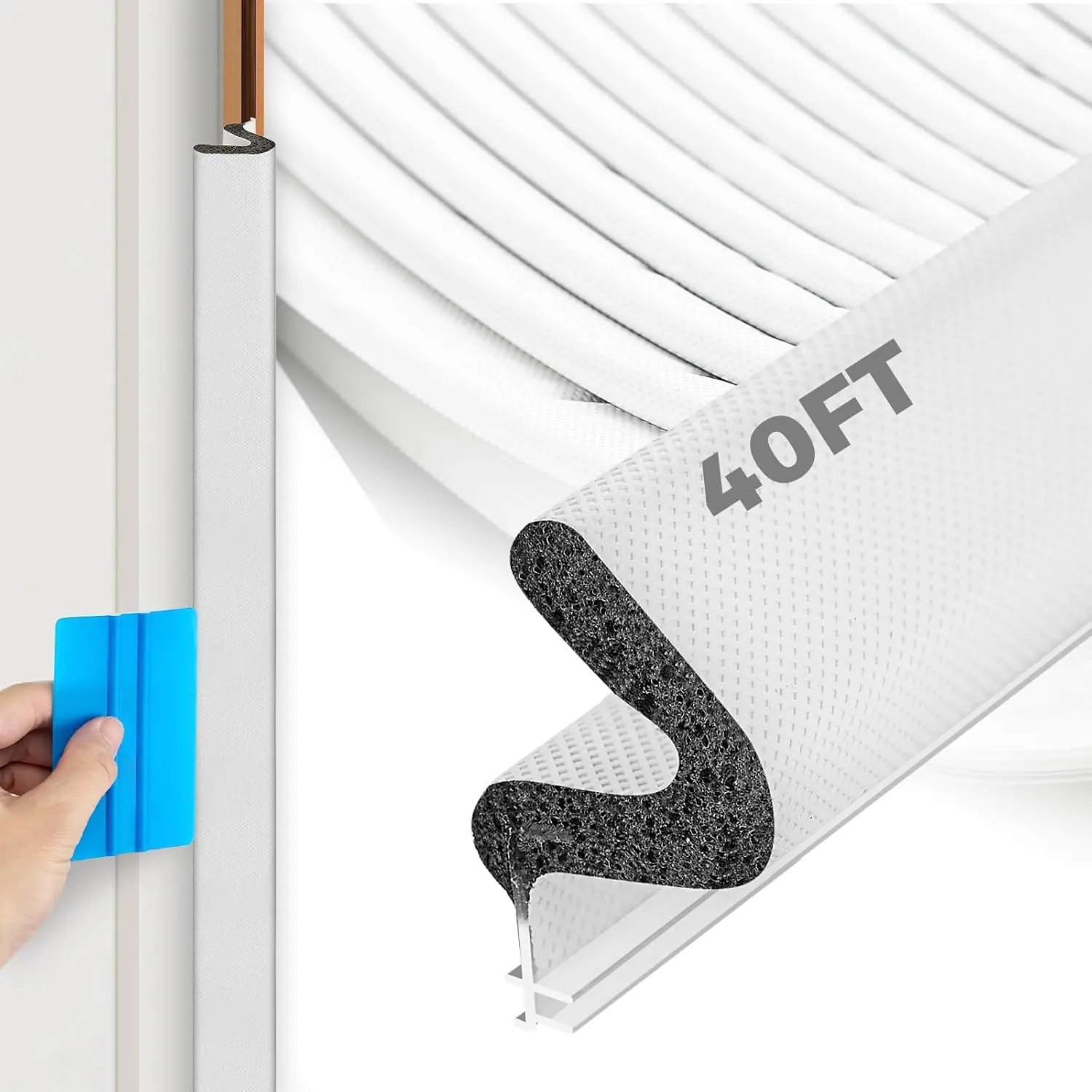 40FT Weather Stripping Door Seal, Kerf Style  Strip for Large Gaps, with Scraper Tool for Exterior and Interior Frames, White