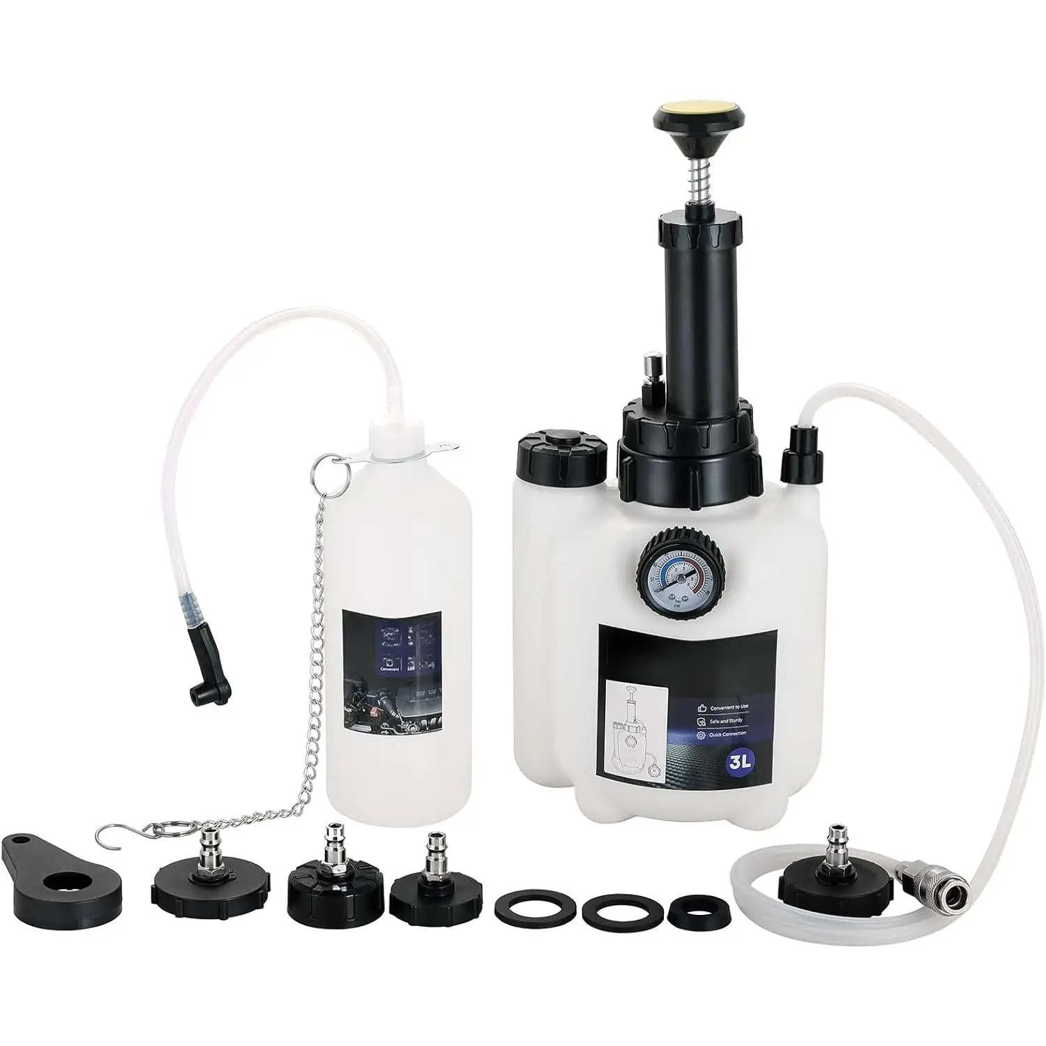 3L Brake Bleeder Kit| Manual Brake Bleeder, Brake Pressure Bleeder Kit, One-Person Brake Lluid Bleeder Kit with 1L Collection Bottle & 4 Reservoir Adapters for Brake and Clutch Systems