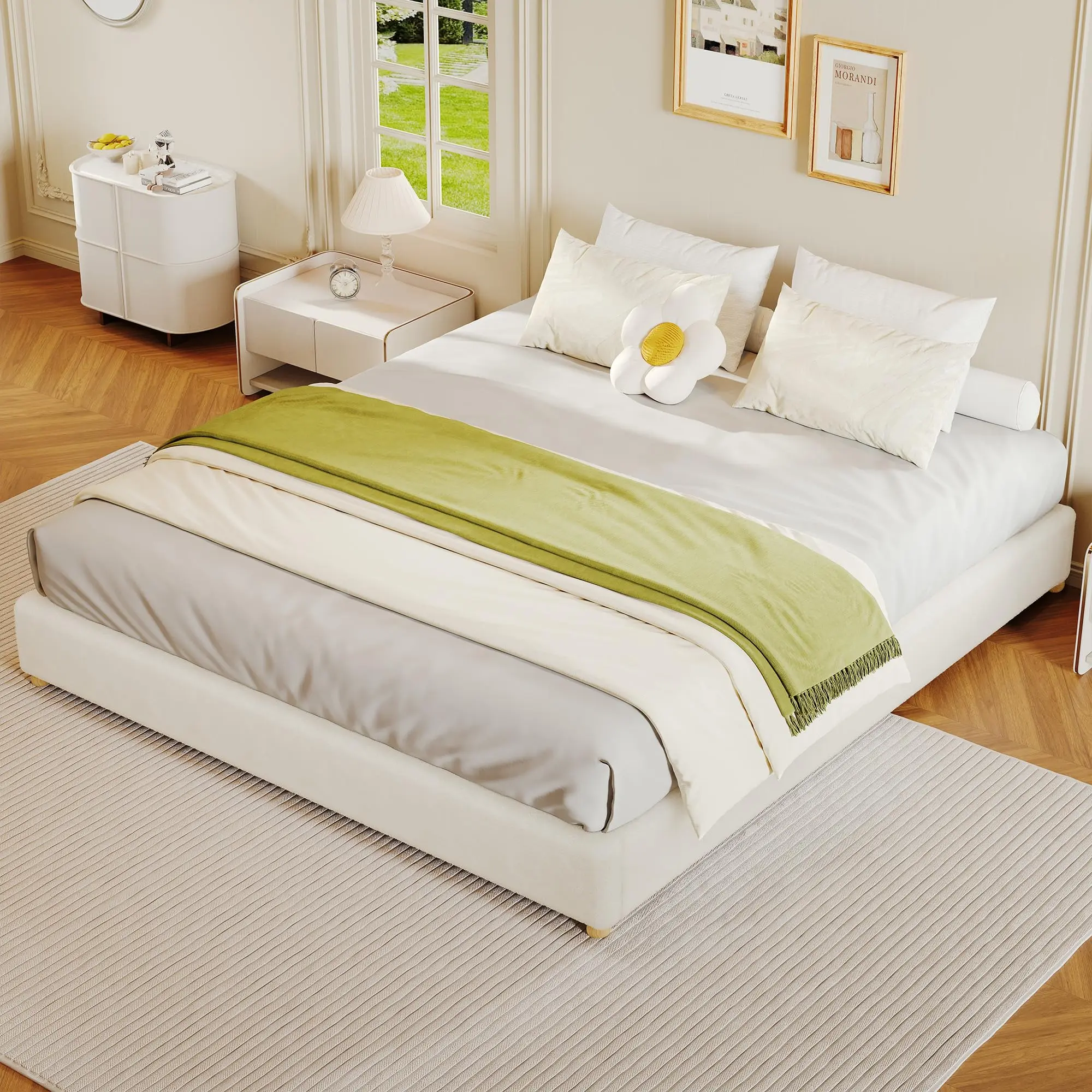 Garvee Queen Size Cloud Bed FrameTeddy Fleece Low Bed Frame Without Headboard, Thick Fabric Upholstered Platform Bed, Solid Wood Legs, No Box Spring Needed, Never Squeak, Easy Assembly, Cream