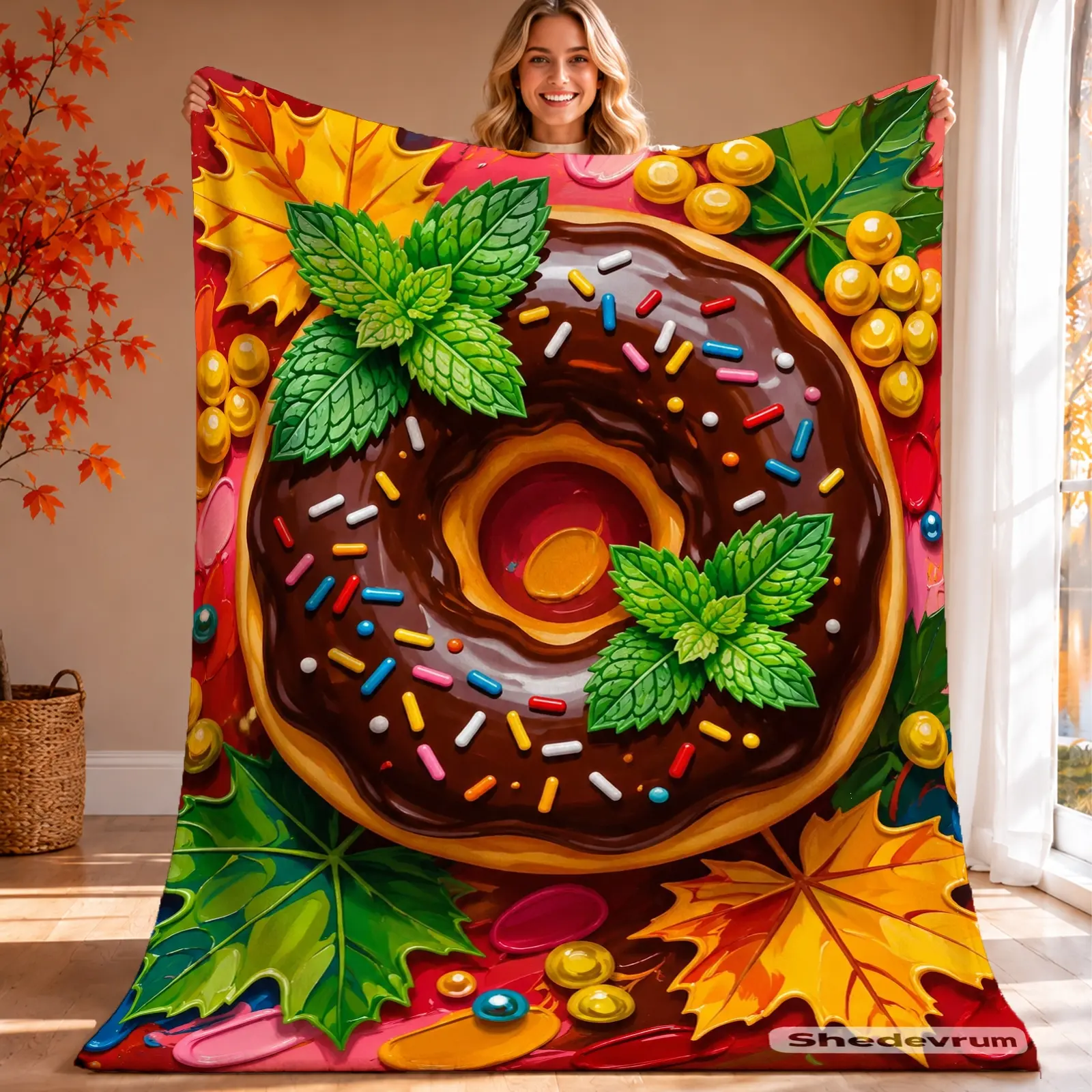 1pc Chocolate Donut Maple Leaf Blanket, Colorful Whimsical Style, Large Central Donut Graphic with Vibrant Fall Leaves and Decorative Elements, for Kitchen Dining Room Fall Decor and Sweet Treat Lovers
