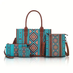 Canvas Handbag Set, 4 Pieces with Adjustable Shoulder Strap, Zipper Closure, Edge Paint Details, Including Wallet, Hand Wash/Dry Cleaning, Random Printing Design, Large Capacity, Suitable for Travel and Gifts
