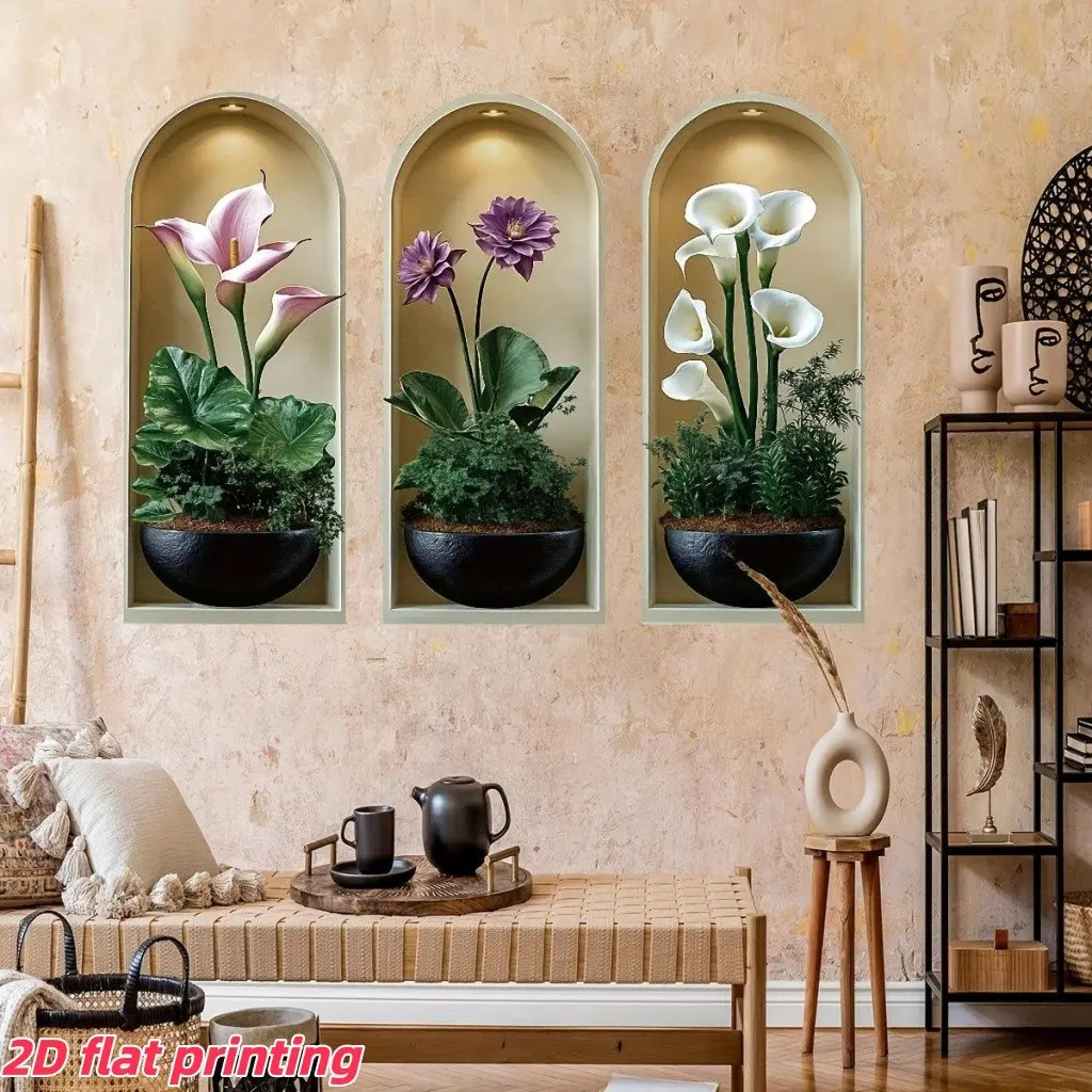 3pcs realistic, arched niche black flower pot and calla lily flower wall sticker, Decorative Decal, modern minimalist decorative sticker, self-adhesive and reusable, for living room, bedroom, background wall decoration, Home Decor