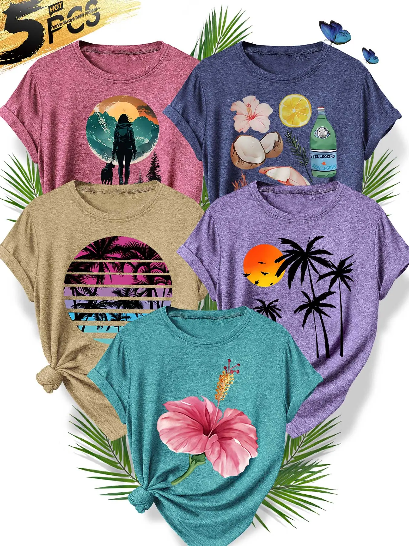 5Pcs Women Casual Crew Tee,Palm Sunset & Hibiscus Vacation Print,multi-color,washable,soft summer top