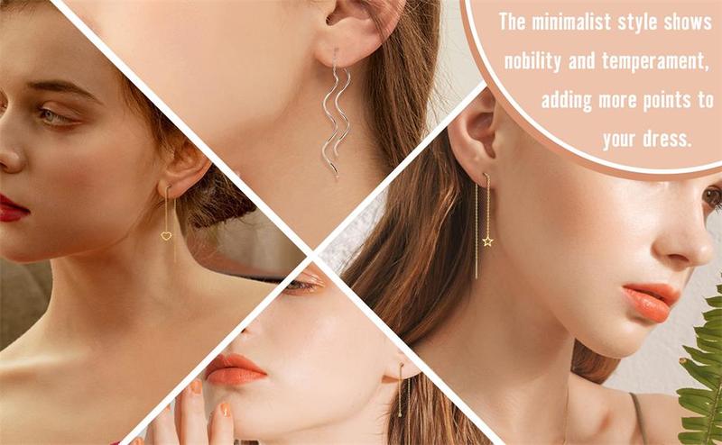 Jstyke 8Pairs Threader Earrings Chain Earrings Tassel Earrings for Women Stainless Steel Double Twist Wave Drop Dangle Earrings with Rhinestones Lightweight Long Chain Earrings Set