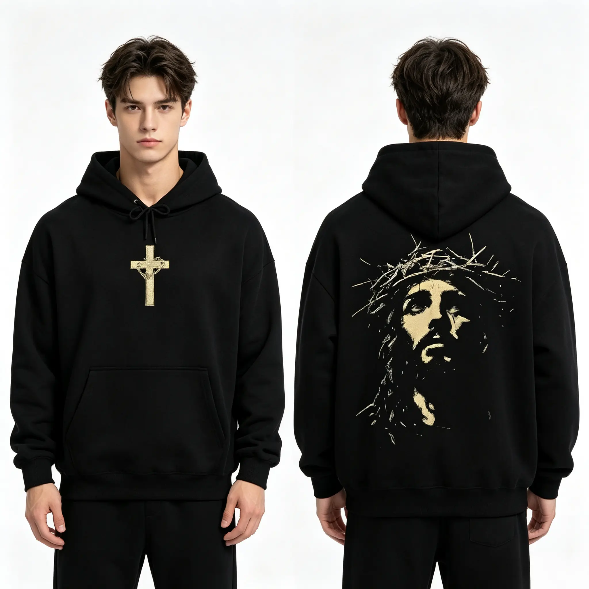 Men's Classic Vintage Cotton Poly Graphic Hoodie Jesus Crown of Thorns Cross Print Soft Loose Long Sleeve Unisex Pullover Casual Streetwear Daily Party All Day Wear Great Outerwear Innerwear Athletic Hoodie