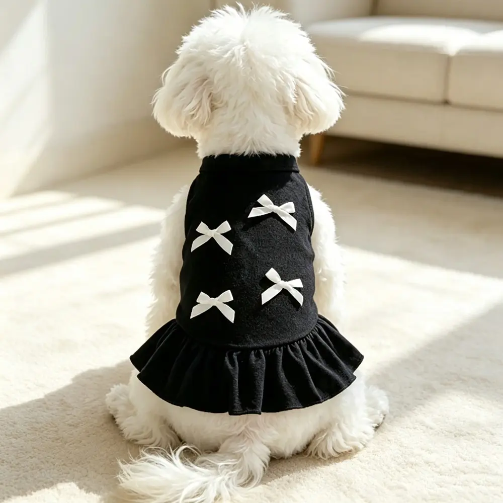 1pc Cute Black Sleeveless Pet Dress with White Bows, Ruffle Hem Puppy Princess Skirt, Summer Dog Clothes for Dogs & Cats
