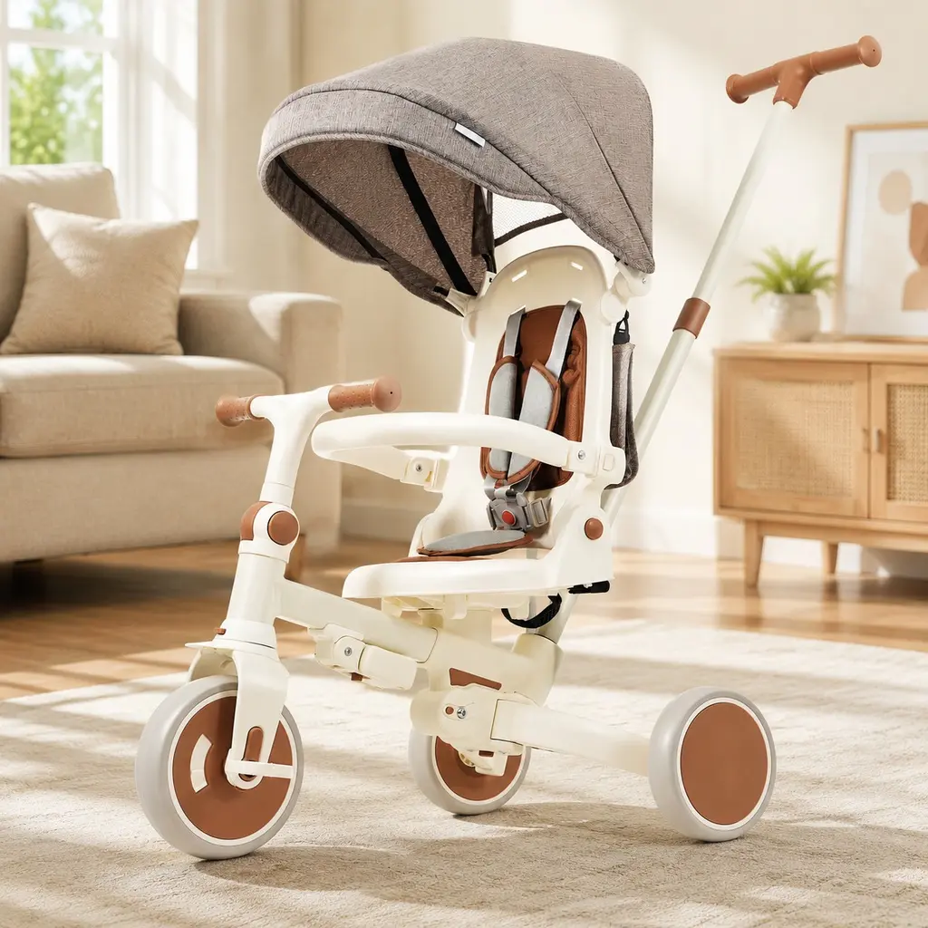 ARCH 7-in-1 Foldable Baby Tricycle Toddler Push Bike - Portable, 0-3 Years, Detachable Pedal, Adjustable Parent Handle, Canopy, Guardrail, 5-Point Adjustable Harness, Aluminum Alloy Frame, Ivory & Brown, 12-72 Months Outdoor Ride-On Toy