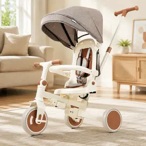 ARCH 7-in-1 Foldable Baby Tricycle Toddler Push Bike with Removable Pedal, Adjustable Parent Handle, Canopy, Guardrail, 5-Point Harness, Aluminum Alloy Frame, Ivory and Brown, for 12-72 Months, Outdoor Ride-On Toy, Ivory Color Options