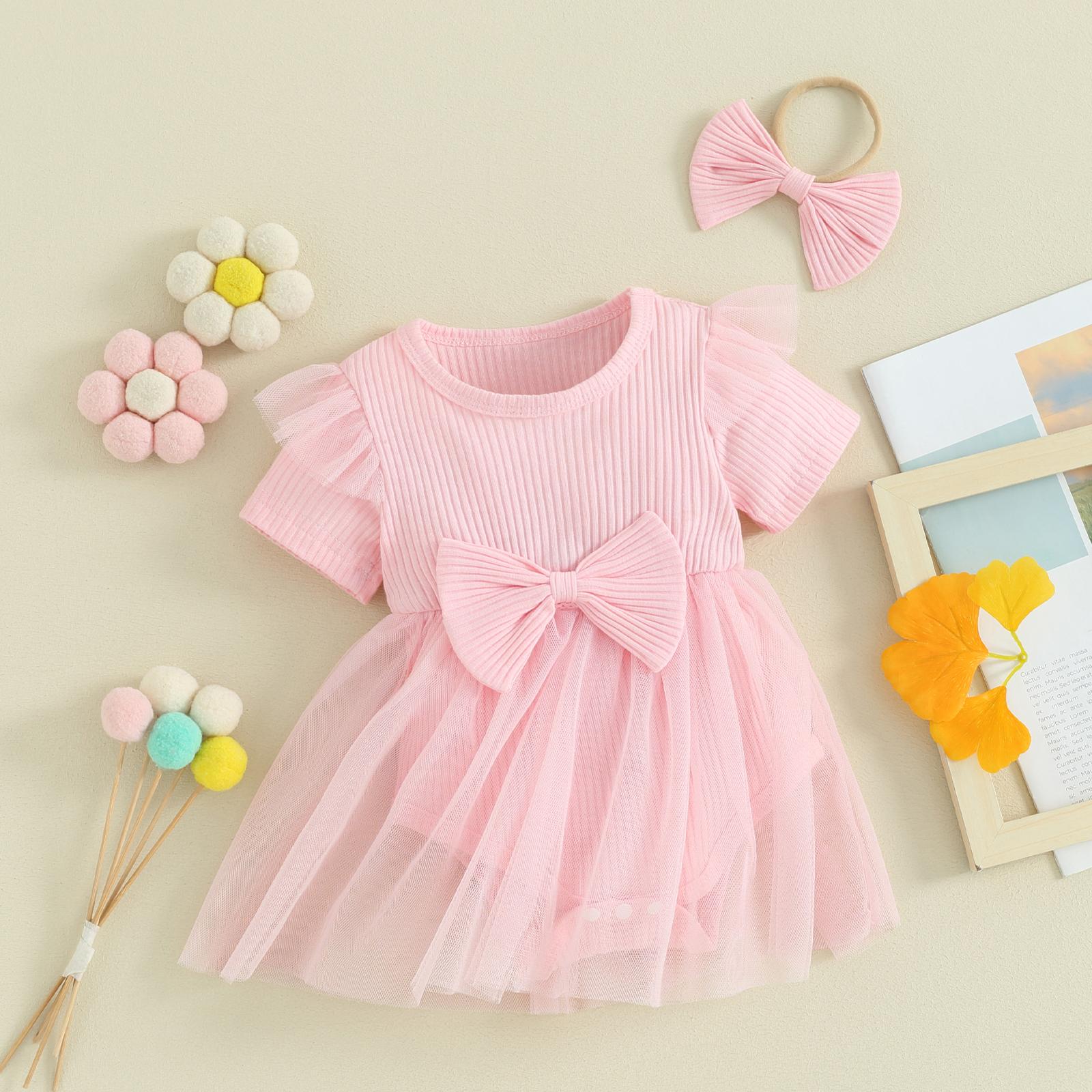 Newborn Baby Girl Summer Romper Dress Bow Lace stripe Ruffle Short Sleeve Romper Bodysuit with Bow Headband Summer Outfits
