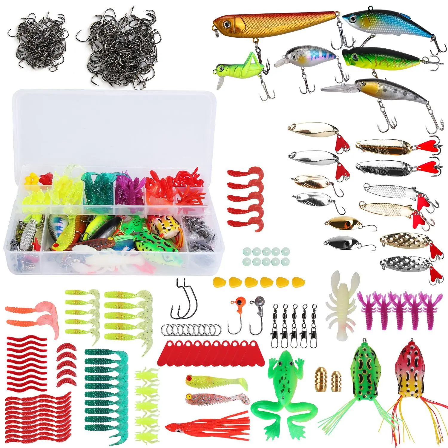 375-Piece Fishing Lure Kit with Compact Storage Tackle Box, Colorful Variety Plastic Lures with Realistic Shapes for Salt/Fresh Water Fishing, Includes Crankbaits, Poppers, Made of ABS, PVC, Metal, Unisex