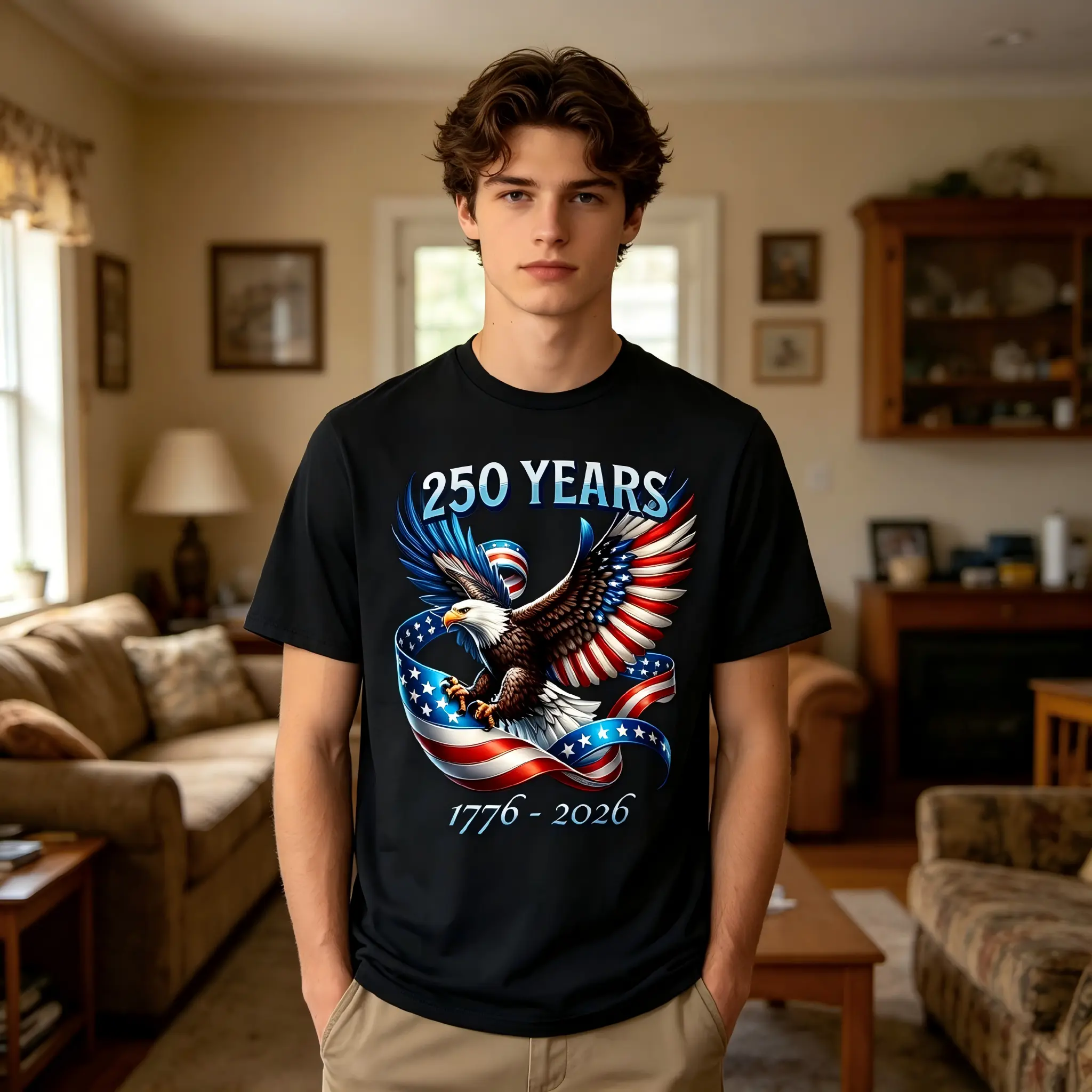 Men's 250th Anniversary T-Shirt with Patriotic Eagle Graphic, Stylish 1776-2026 Cotton Top, Casual Short-Sleeve with Slight-Stretch, Plus Size, Tshirt, Shortsleeve, Jeans Fabric, Print, Centennial 250 Years America
