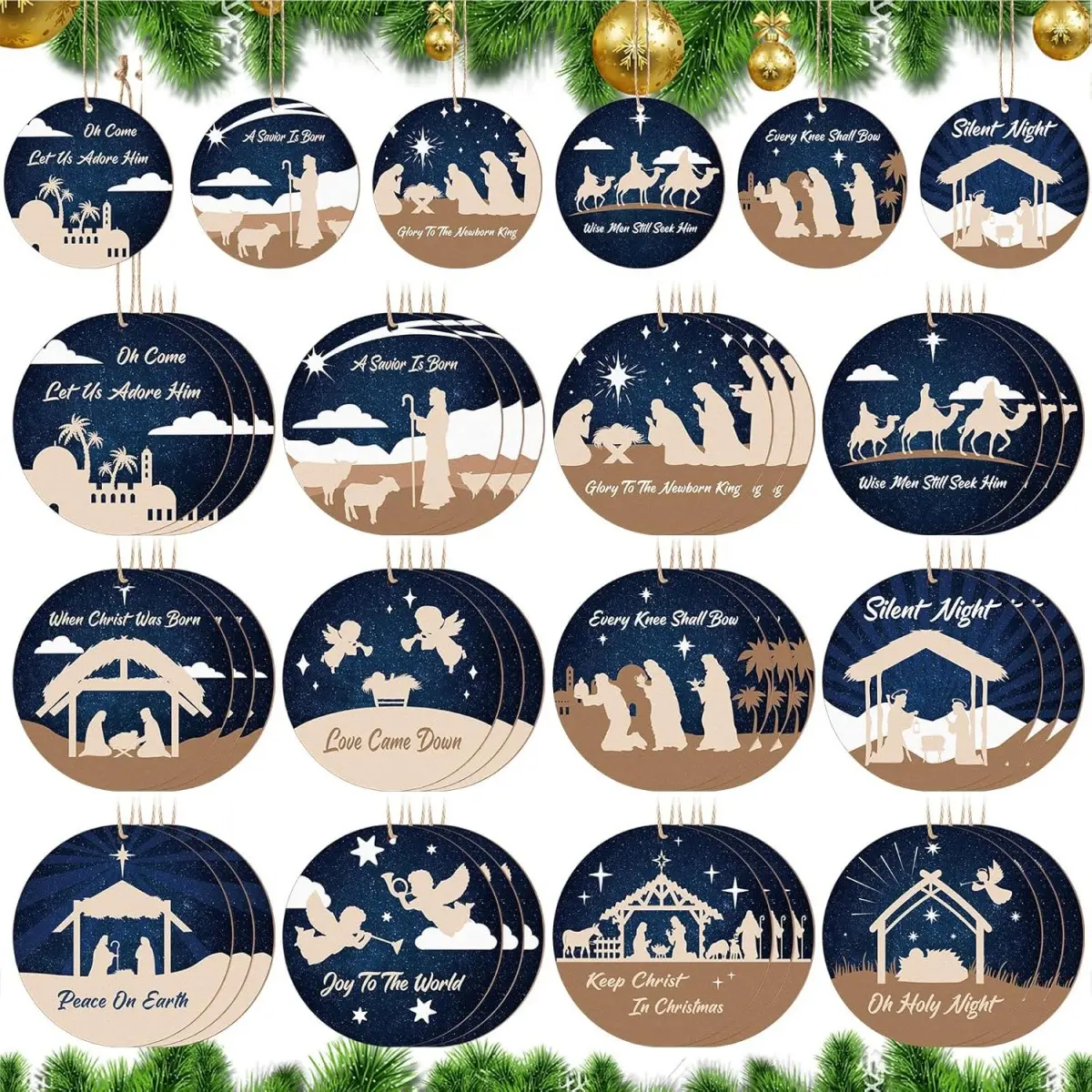 24pcs Wooden Nativity Scene Christmas Tree Ornaments, Christian Decorations, Holiday Gifts, Living Room & Kitchen Decor, Home Decoration Set