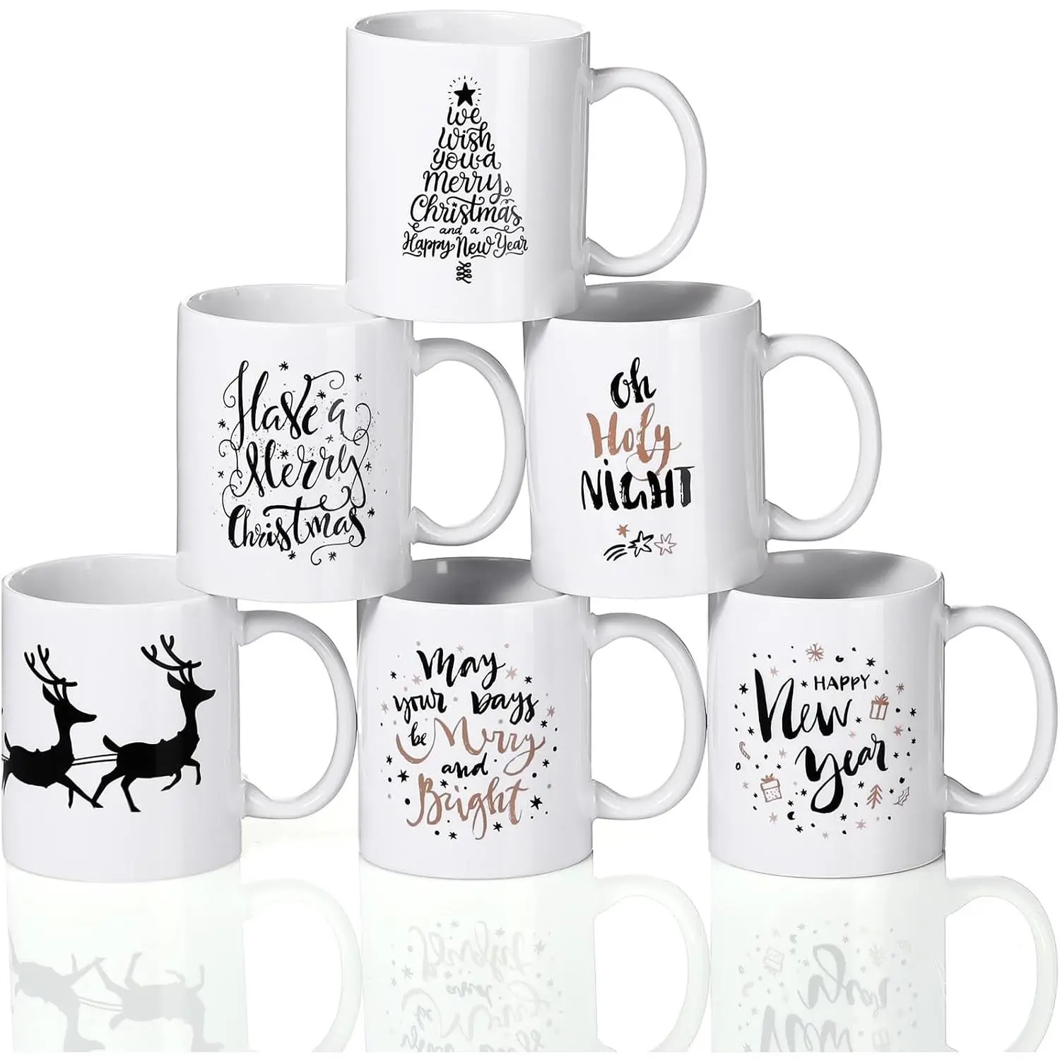 6 count Christmas Coffee Mugs Set 11oz   Ceramic Coffee Cups Stackable Cocoa Milk  Holiday Mugs Christmas  Year Party Decor  for Women Family  Colleagues