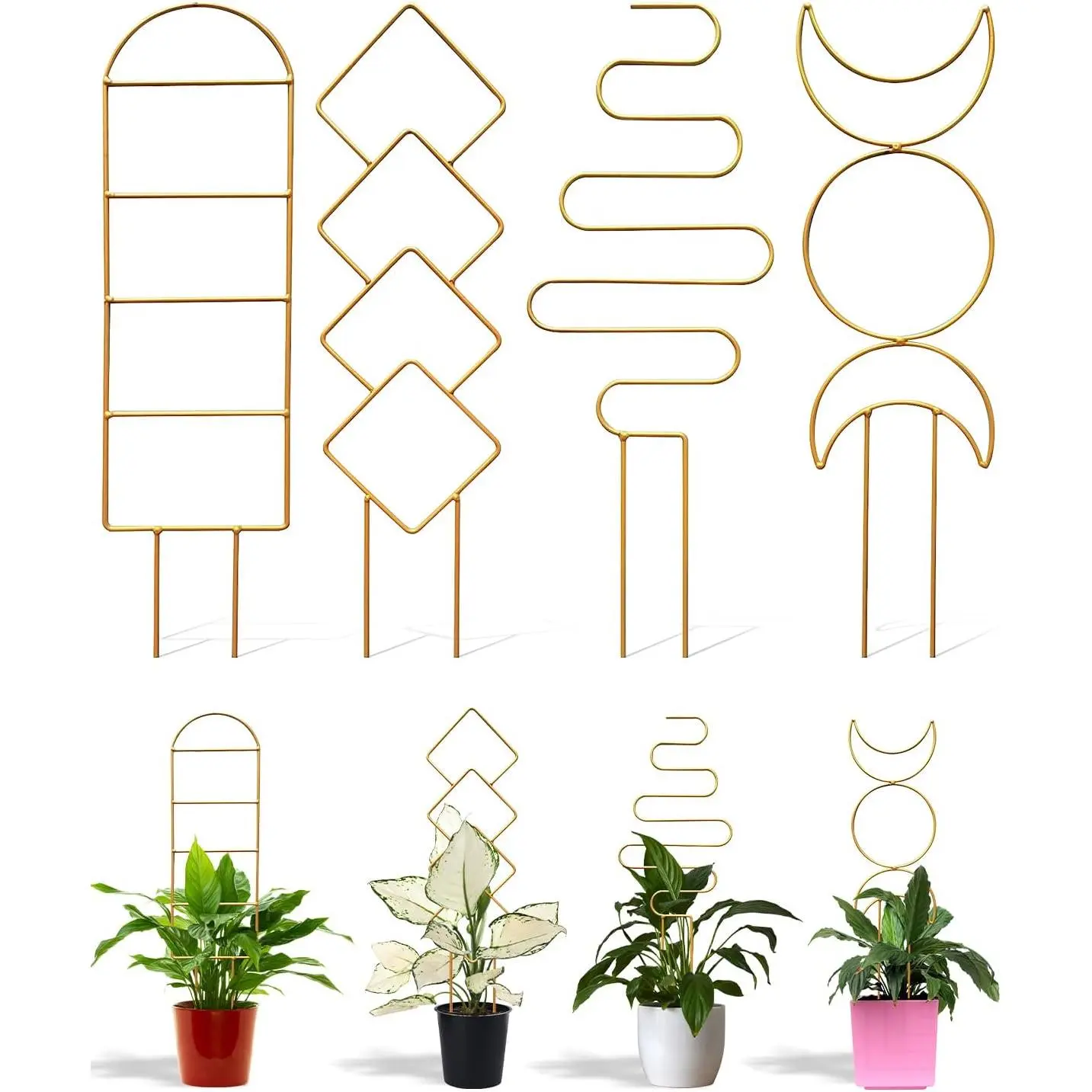 4 Pack Trellis for Climbing Plant Indoor, Small Metal Garden Trellis for Potted Plants Outdoor, Stake Mini Houseplant Trellis Support for Hoya, Vines, Pothos, Monstera (Gold)
