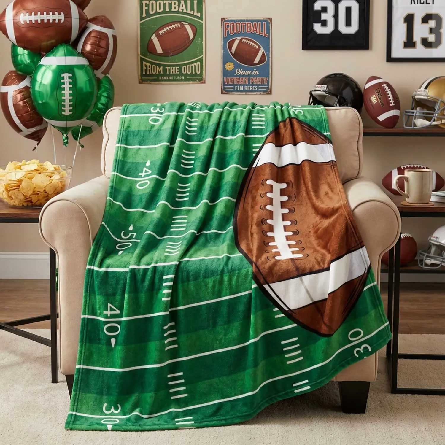 Football  Theme Touchdown Flannel Throw Blanket 50x60 |   Using Ultra Soft Fuzzy Plush Cozy Non-shedding Blanket for Couch Sofa Bed Camping, Ideal  for  Adults