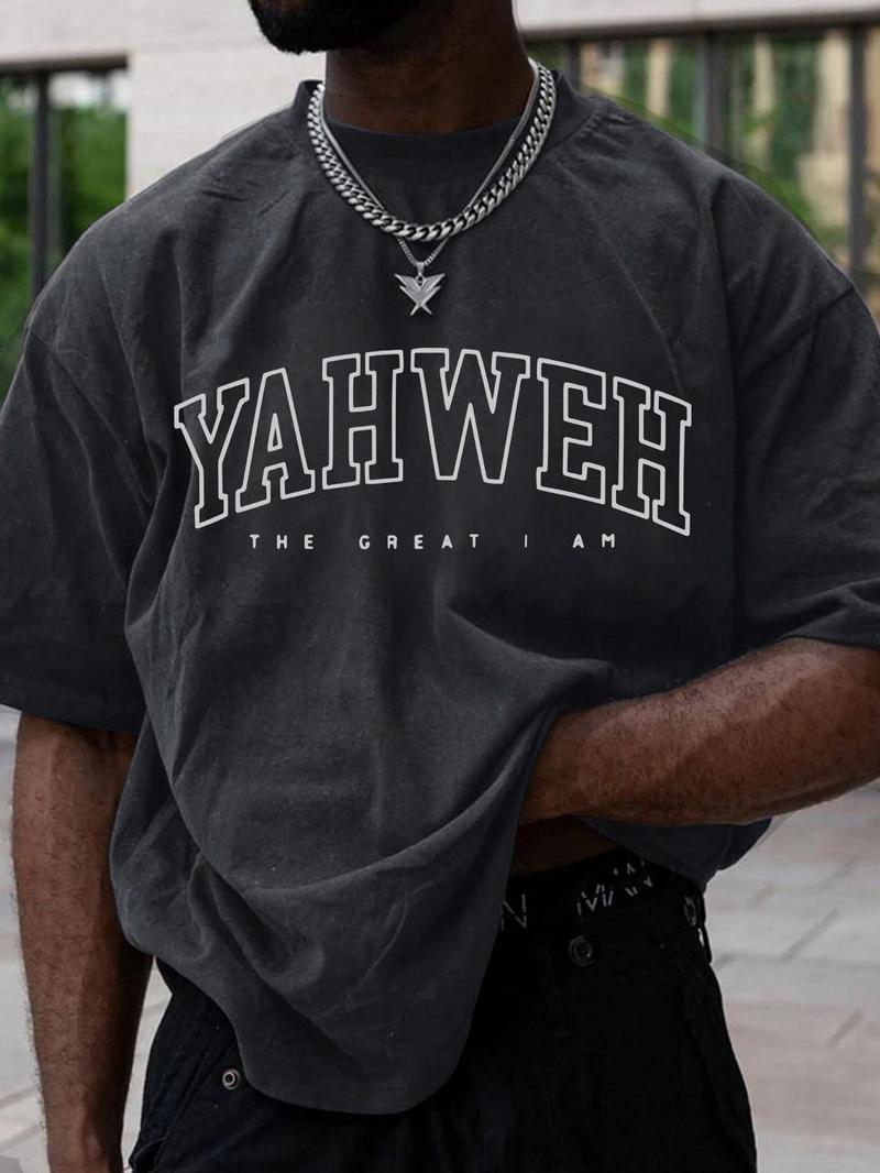 Men's Letter Print Drop Shoulder Tee, Regular Fit Casual Short Sleeve Round Neck T-Shirt for Summer, Fashion Men's Top for Daily Wear, Casual Fit Streetwear