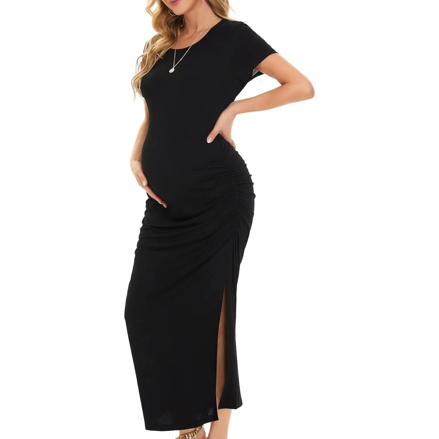 Women's Plain Casual Bump-Friendly Maternity Dress - Short Sleeve, Side Split, Ruched Fit Mom Maternity Wear for Baby Bump Support, Bump Friendly Outfits