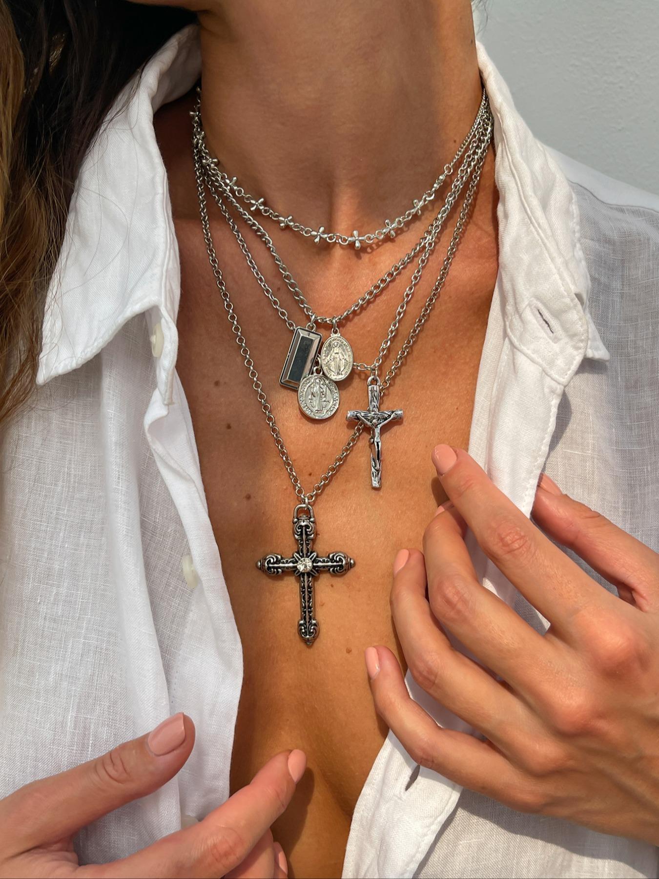 4-Piece Vintage Metal Geometric Circle Pendant Layered Necklace Set, Women's Punk Style Jesus Cross Pendant Jewelry, Unique Fashion Accessories, Jewelry Accessory