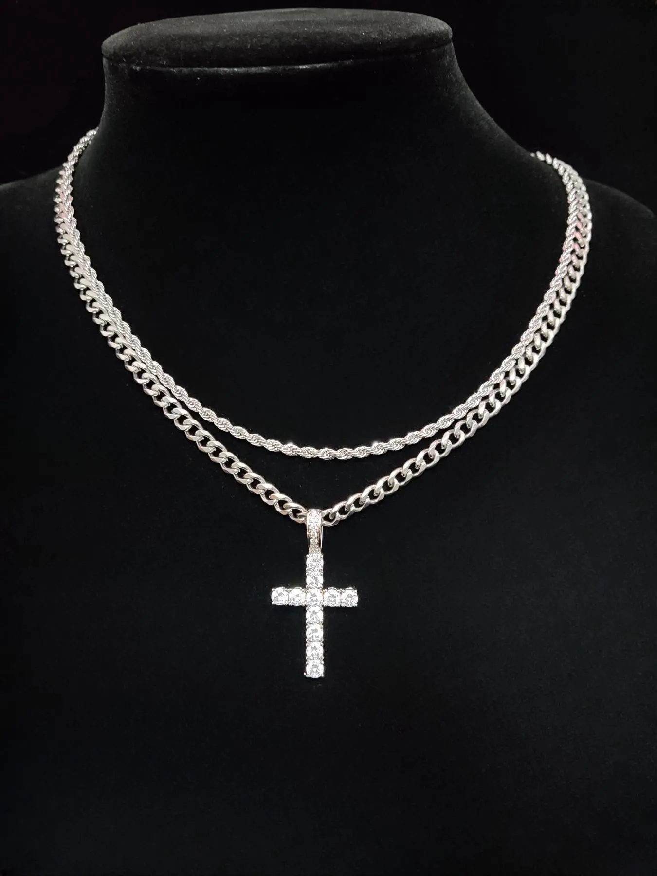 Hip Hop Twist Chain Necklace & Rhinestone Cross Pendant Necklace, Cross Chain Design, Cross Necklaces for Daily Wear, Stainless Steel Jewelry for Men & Women, Classic Jewelry for Gift