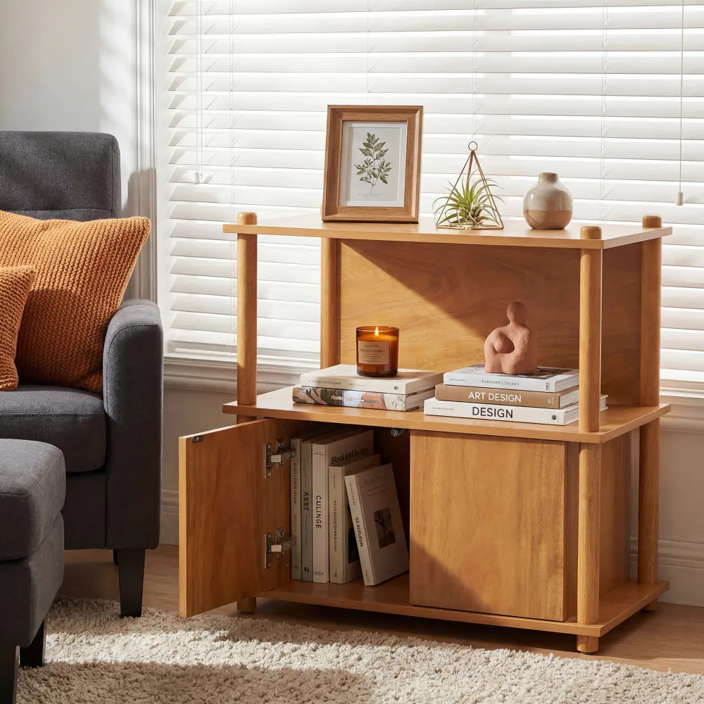 Littleox Wood Nightstand/Side Table with open shelf and Storage cabinet