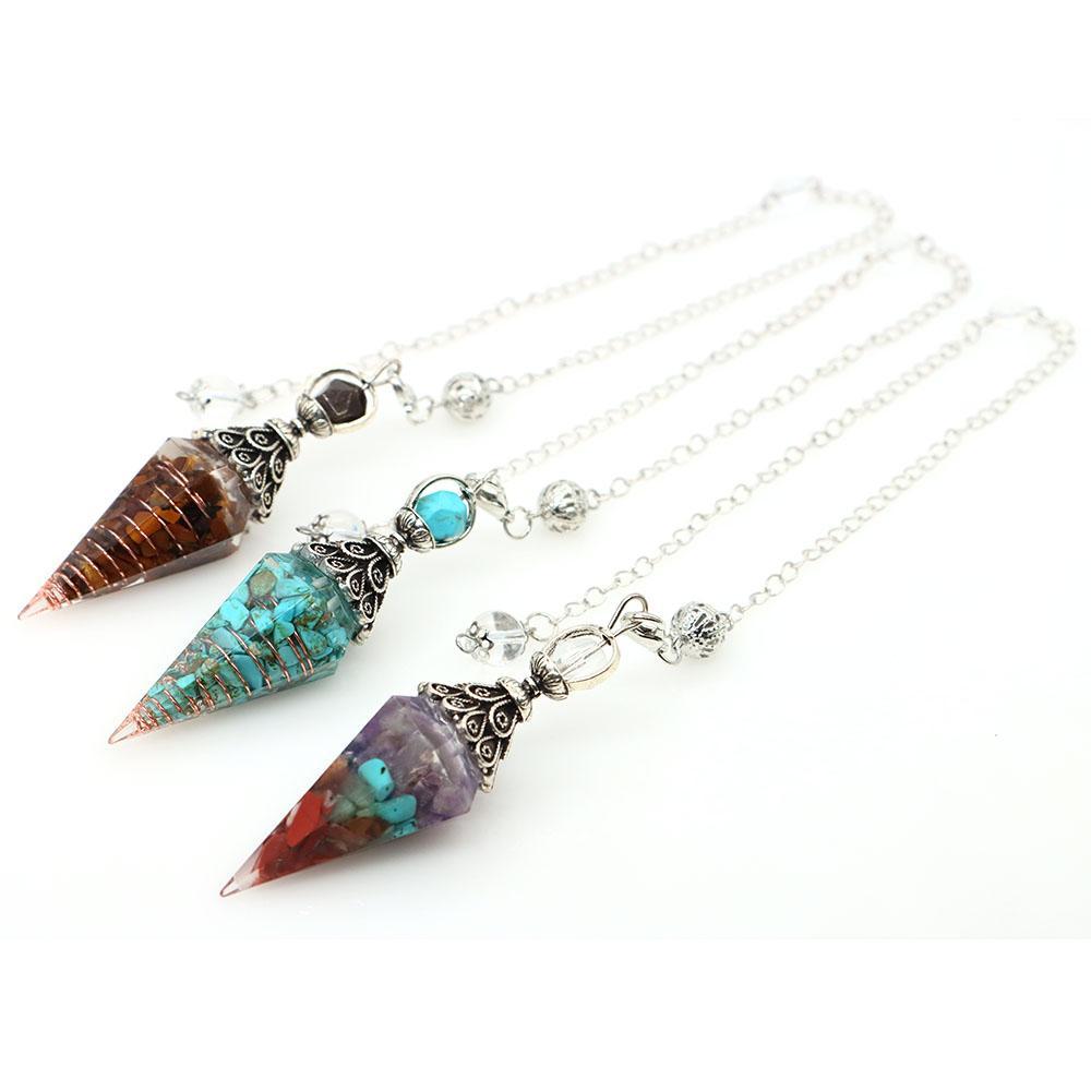 Natural Crystal Dowsing Pendulum Reiki Stone Chips Orgone Pendulums Hexagonal Pointed Reisin Spiritual Pendulo for Divination