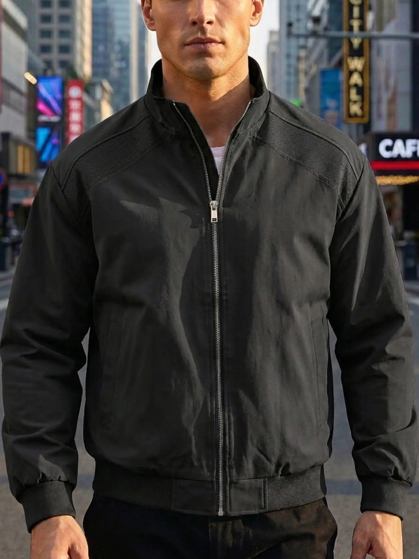 Men's Shoulder Patch Stand Collar Baseball Jacket, Simple Zipper Ribbed Hem Casual Coat, Wrinkle-Resistant Business Leisure Thin Jacket