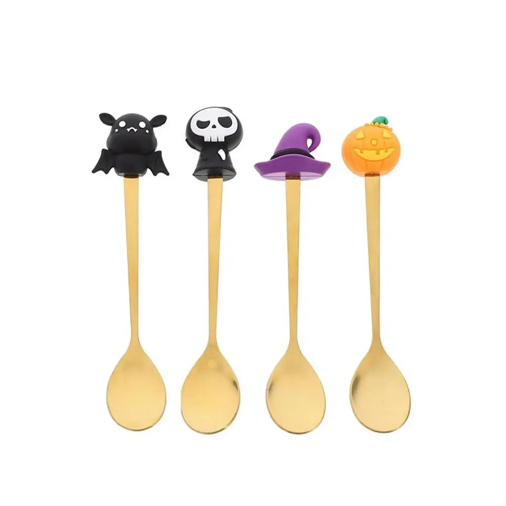 4 Counts Halloween-Themed Teaspoons, Fine Stainless Steel Coffee Spoon With Shapes Like Skulls, Pumpkins, Witch Hats, And Bats. Mini Spoon For Desserts, Ice Cream, Or Chocolate, Nice Gift, Festive Table Decorations, Utensils