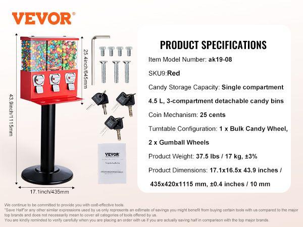 【Spring new arrivals】VEVOR Gumball Machine with Stand Vending Coin Bank Vintage Candy Dispenser Red