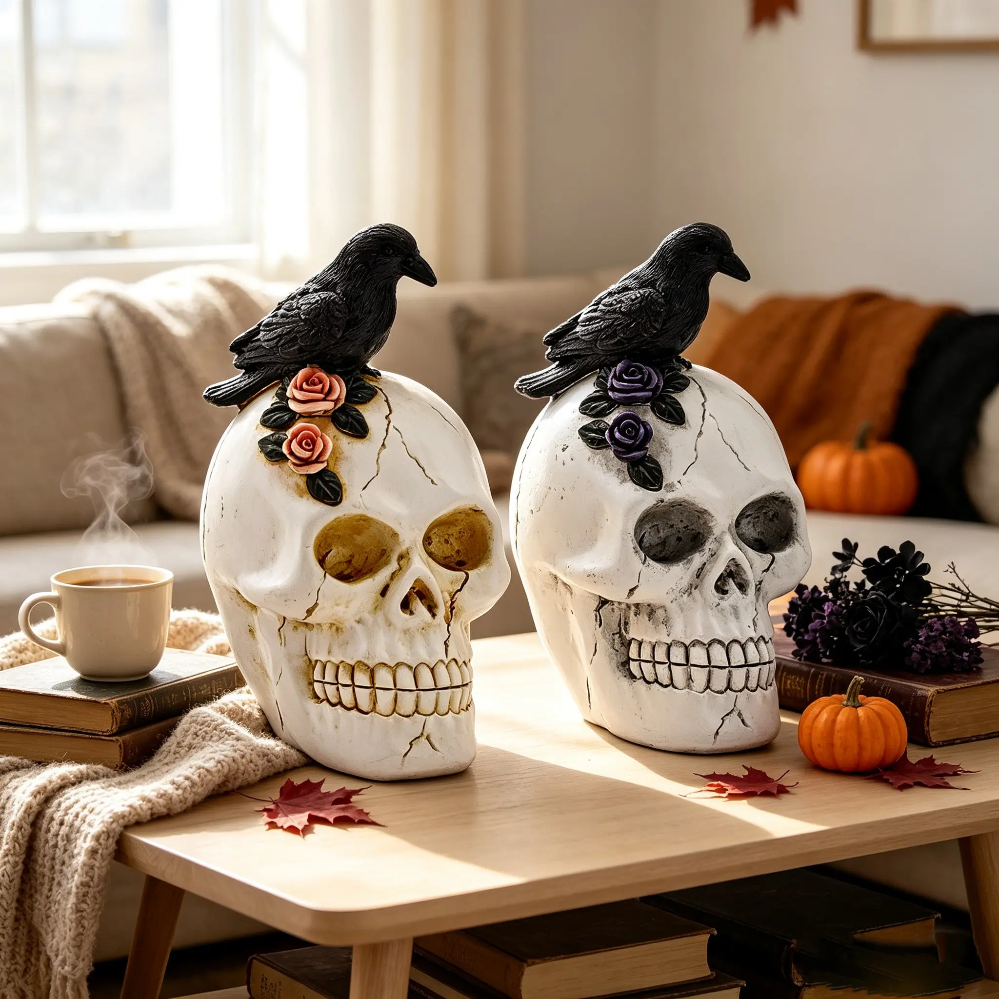Crow on Skull Halloween Home Decor - Gothic Skull Crow Statue, Halloween Home Decoration Gift, Hand-Painted Resin Collectible, Halloween Table Centerpiece