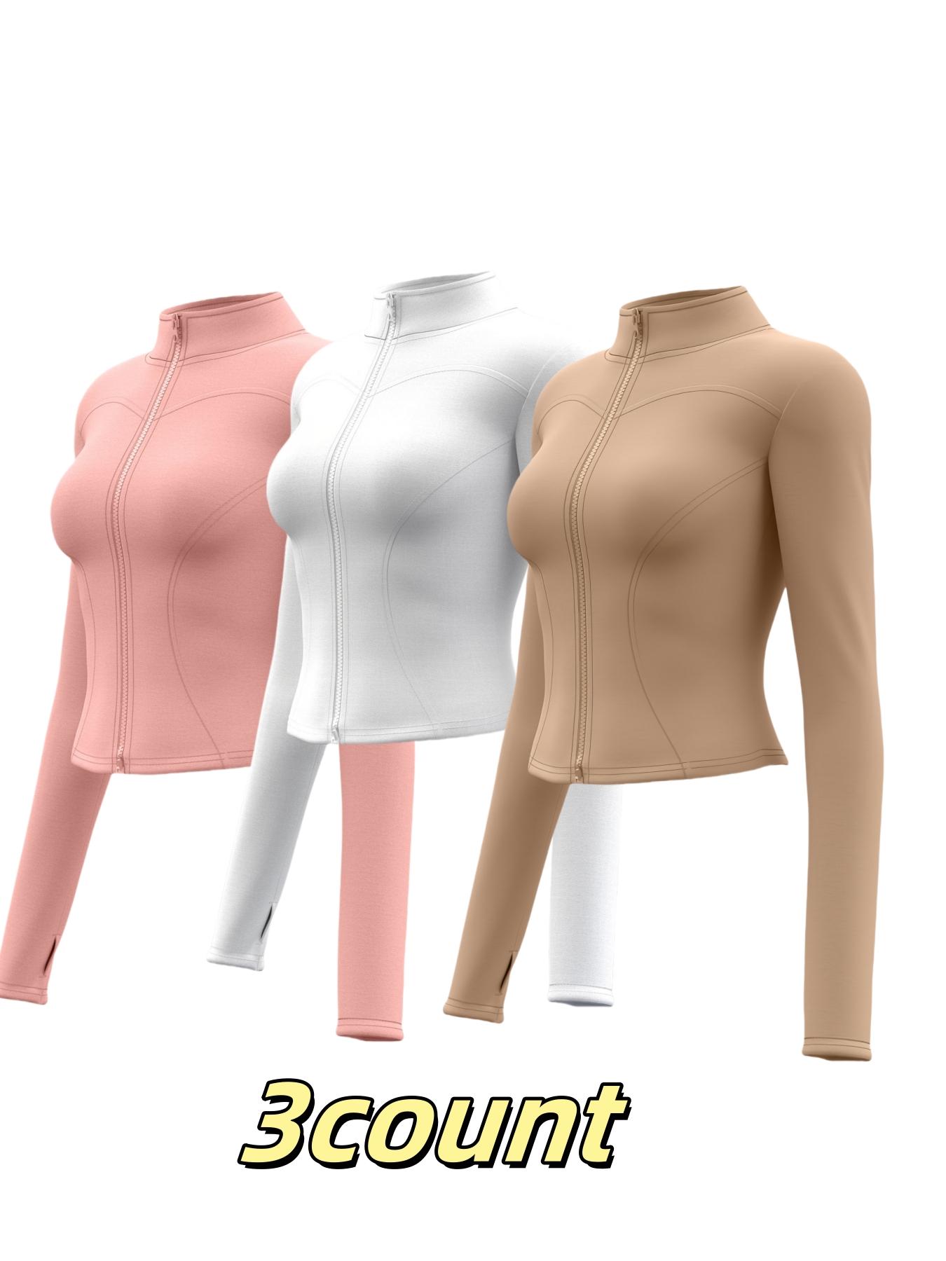 Women's Solid Thumb Hole Zip Up Sports Jacket, Thumb Holes Jacket, Long Sleeve Stand Collar Zip Front Outerwear for Gym Workout Running, Ladies Sportswear for All Seasons