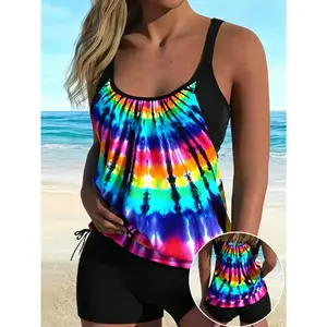 Women's Floral Print Tankini Swimsuit, Double Layer Tummy Control Two Piece Bathing Suit with Boyshort Bottoms