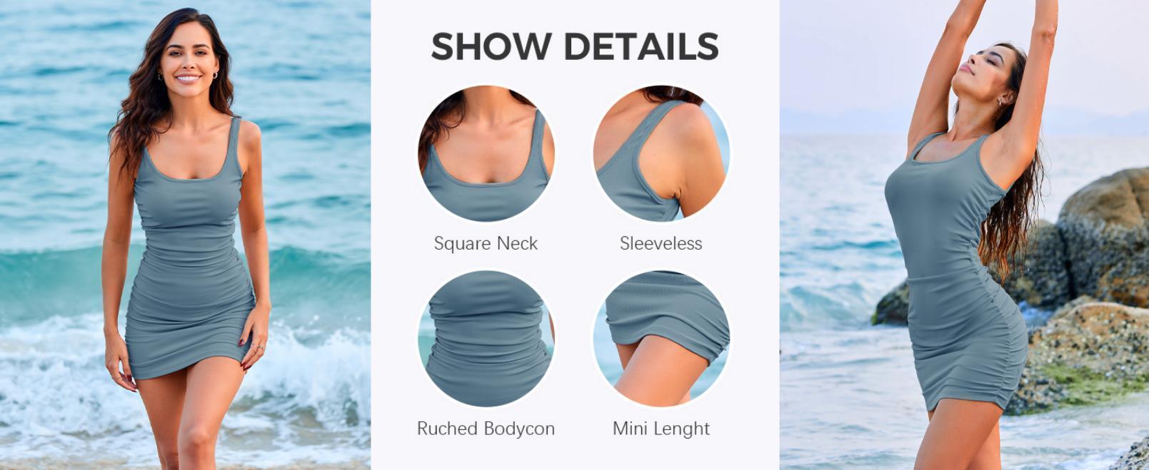 Imily Bela Womens Summer Bodycon Mini Dress Scoop Neck Ruched Sleeveless Ribbed Knit Casual Party Club Short Tank Dress